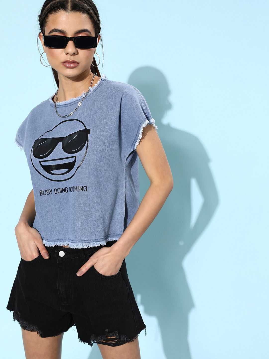 Kook N Keech Emoji Women Stunning Blue Graphic Frayed Denim Top