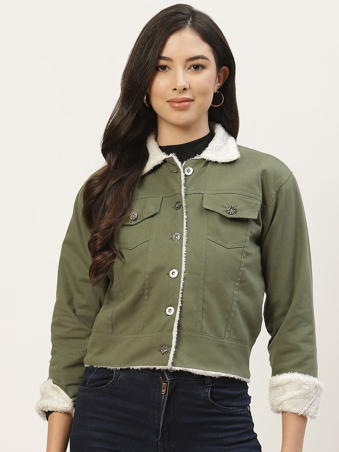 BROOWL Women Olive Green Solid Pure Cotton  Denim Jacket Price in India