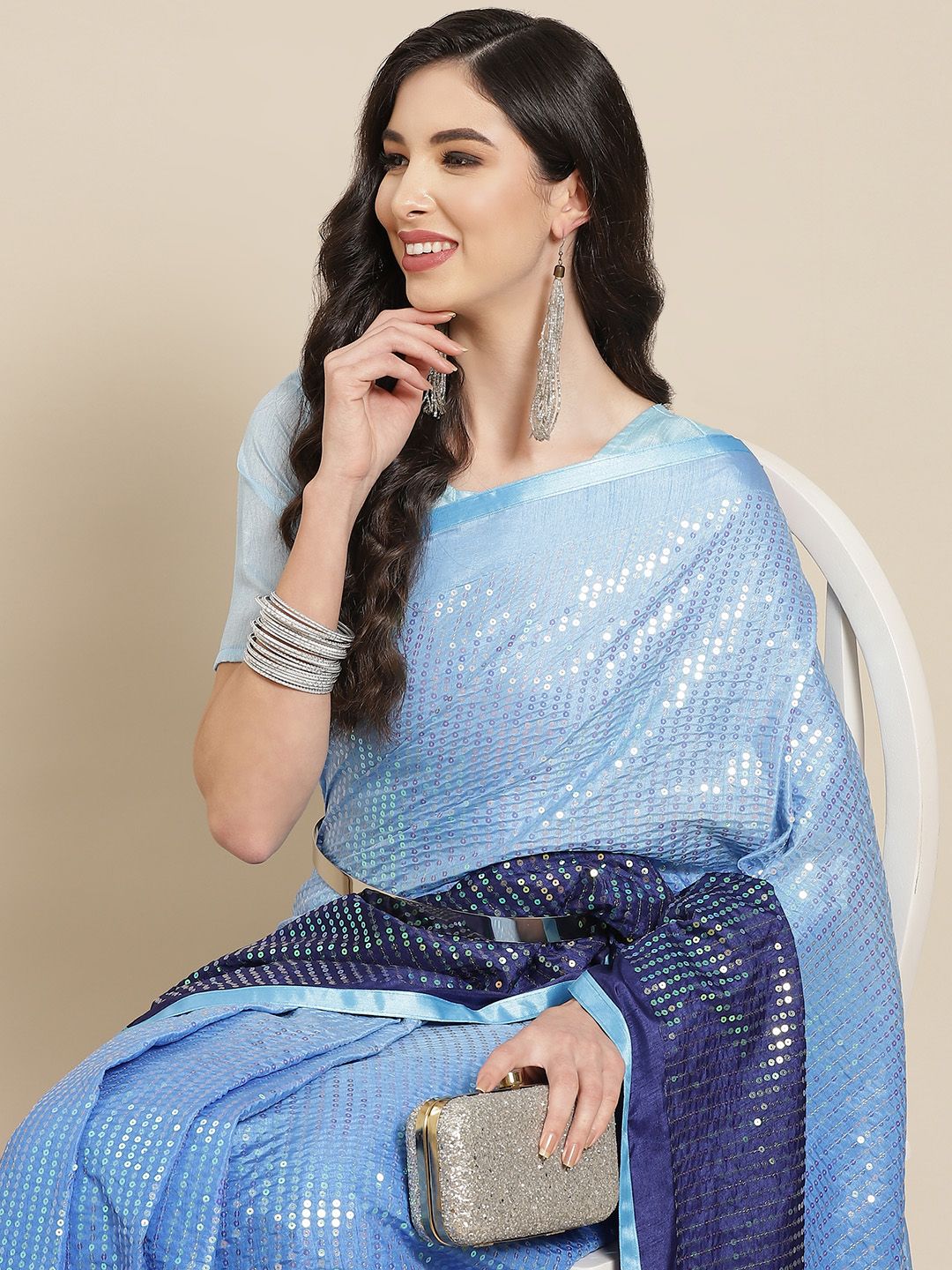 Mitera Blue Sequinned Pure Georgette Saree Price in India