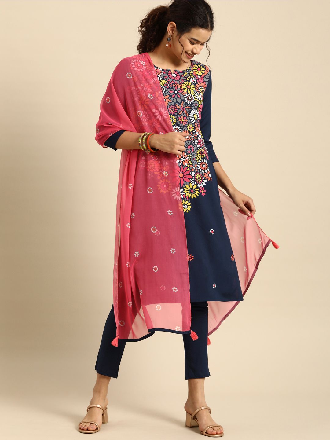 Anouk Women Multicoloured Floral Printed Kurta with Trousers & With Dupatta Price in India