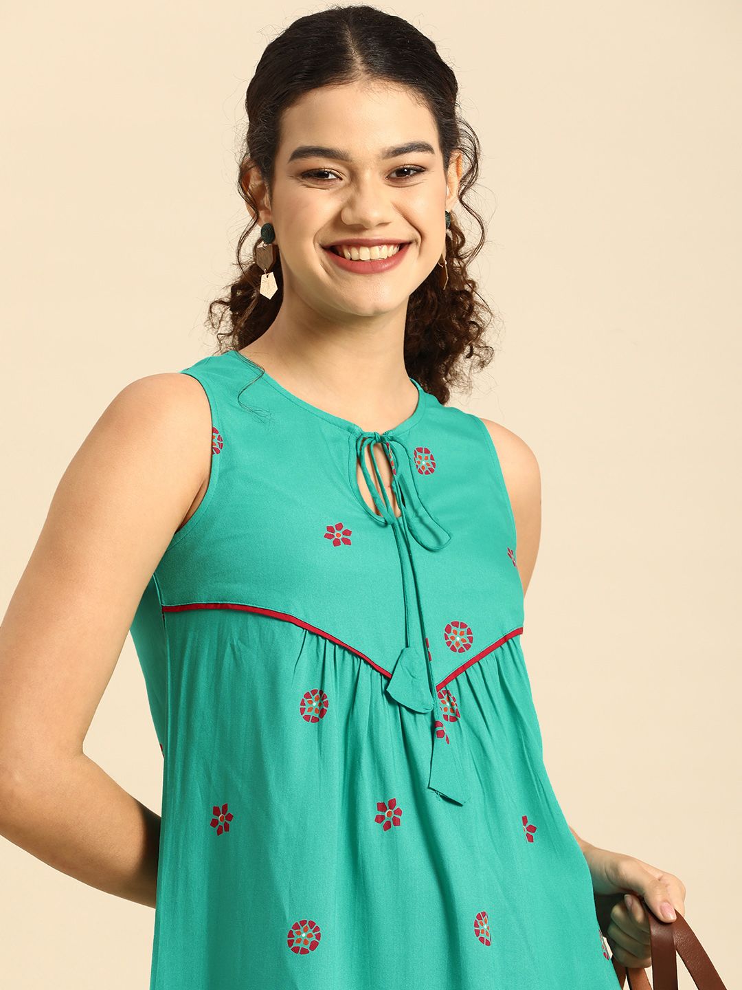 Anouk Turquoise Blue Floral Keyhole Neck A-Line Dress Price in India
