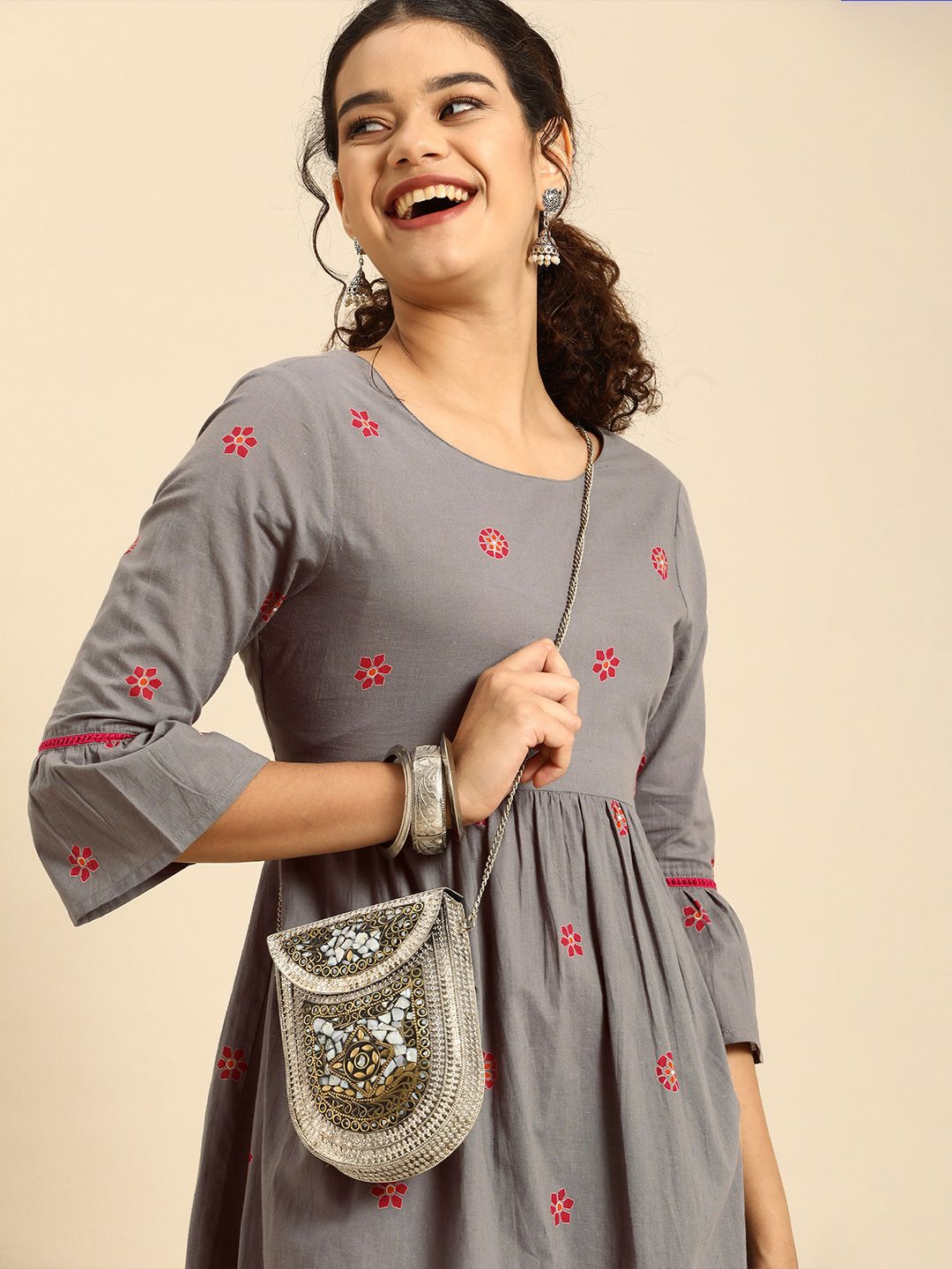 Anouk Grey Ethnic Motifs Printed Fit N Flare Dress Price in India