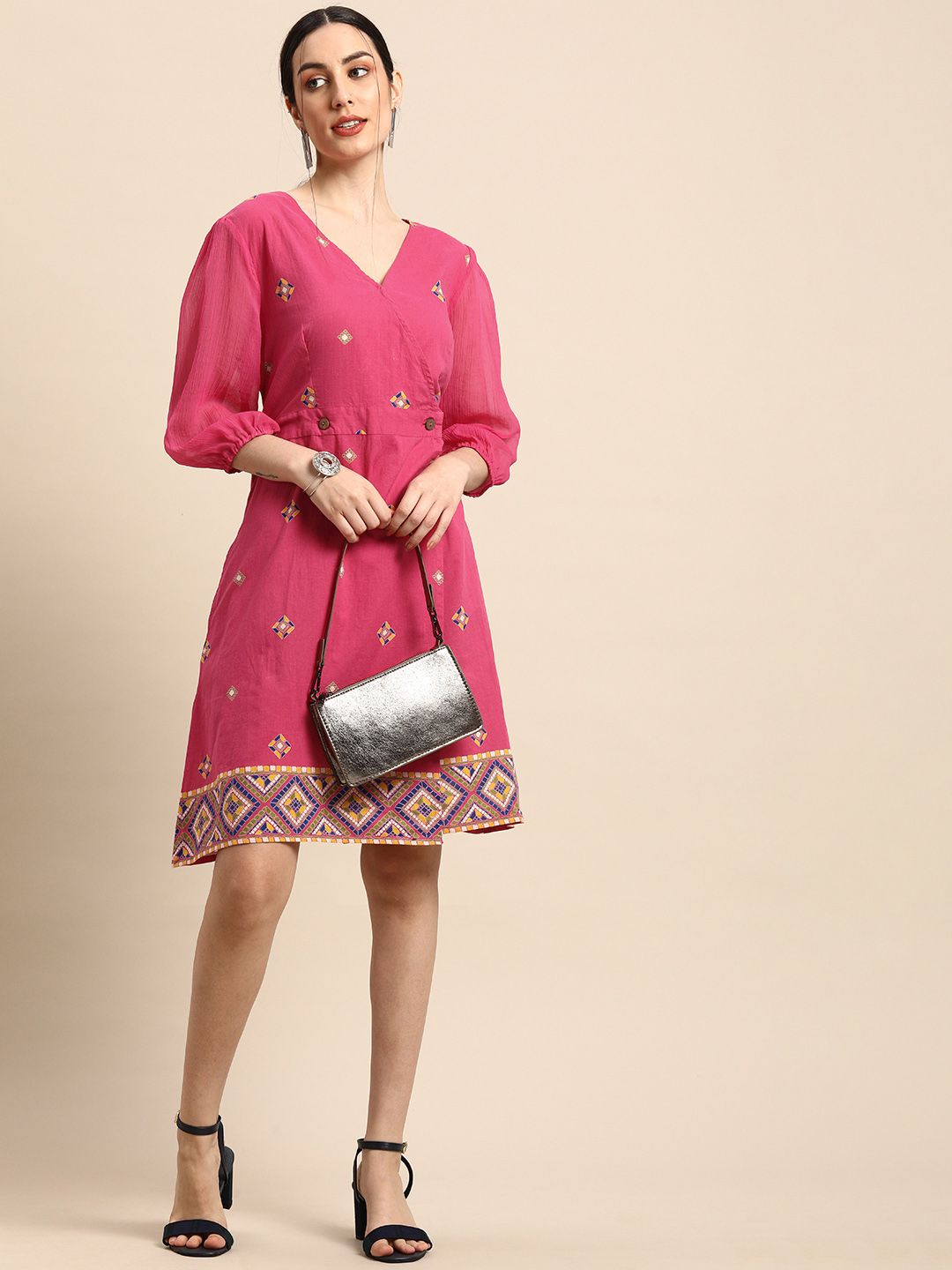 Anouk Pink & Blue Ethnic Motifs V Neck Wrap Dress Price in India