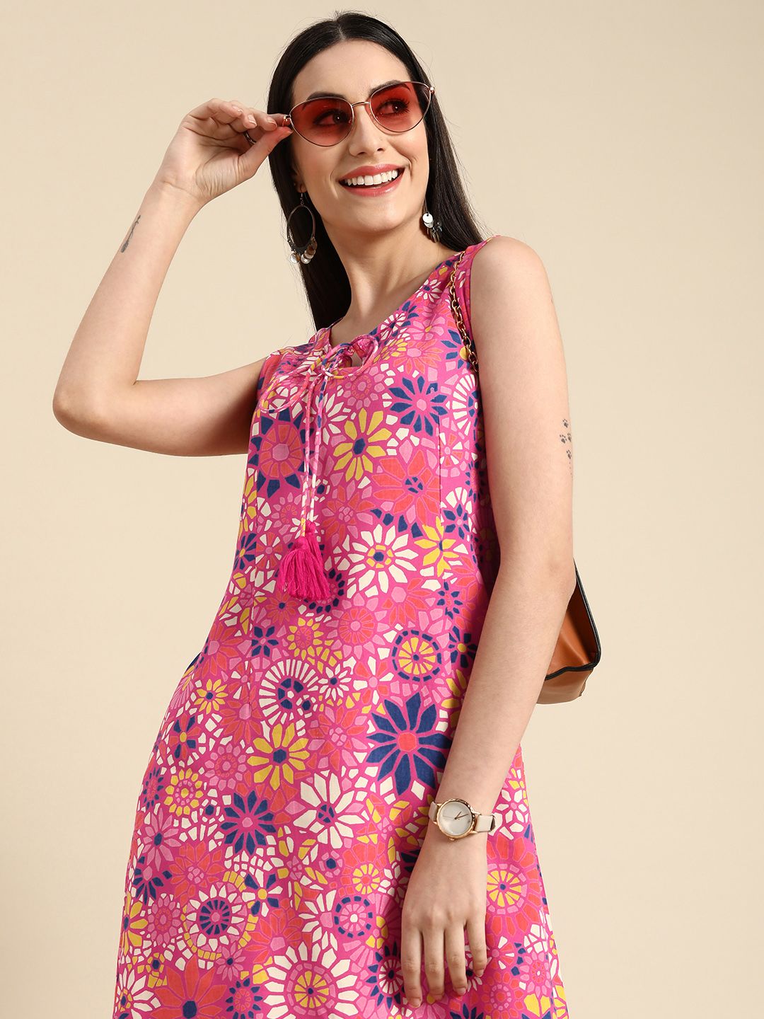 Anouk Pink & Blue Floral Print Tie-Up Neck Sheath Dress Price in India