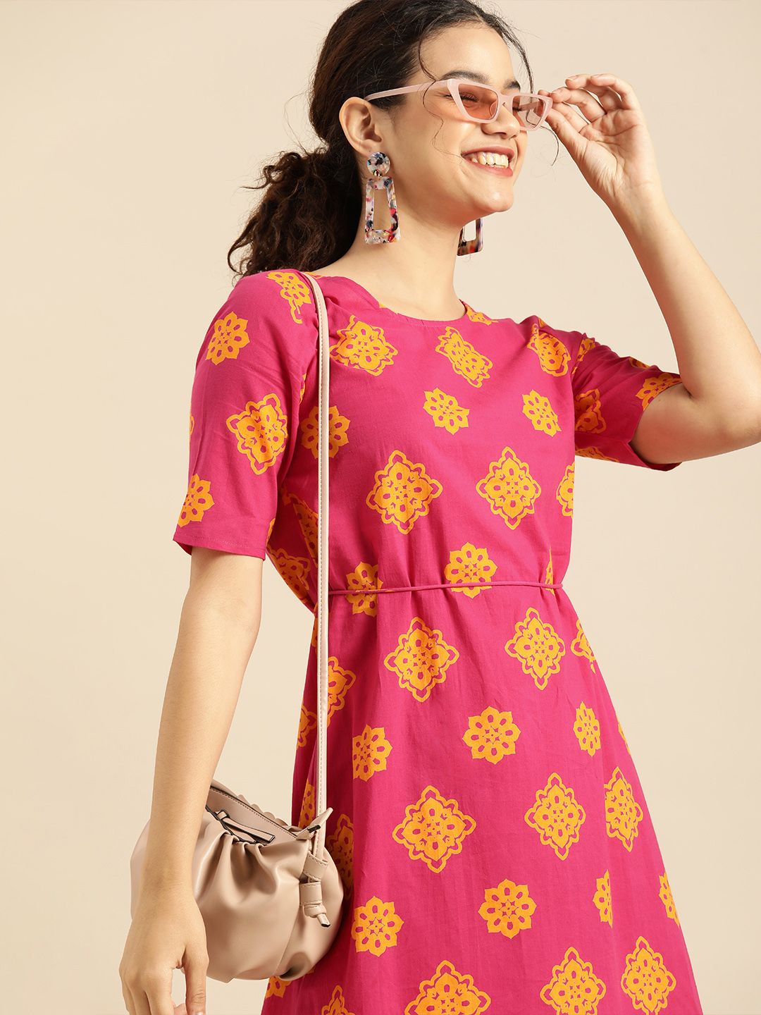 Anouk Women Fuchsia & Yellow Ethnic Motifs Printed Ethnic A-Line Dress With A Belt Price in India