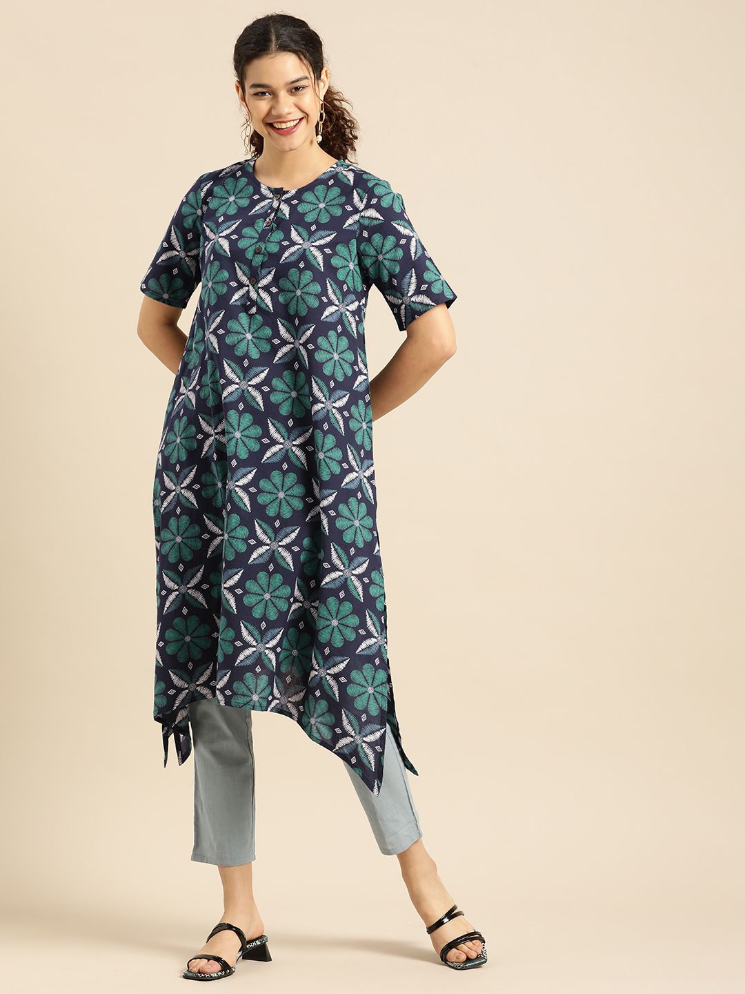 Anouk Women Blue & Green Printed Kurta Price in India