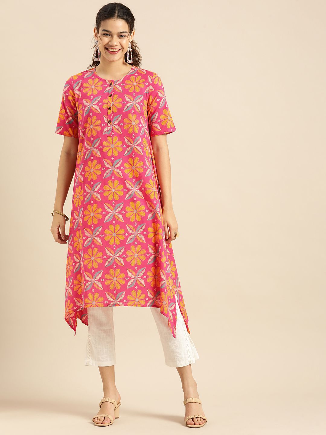 Anouk Women Pink & Yellow Printed Kurta Price in India