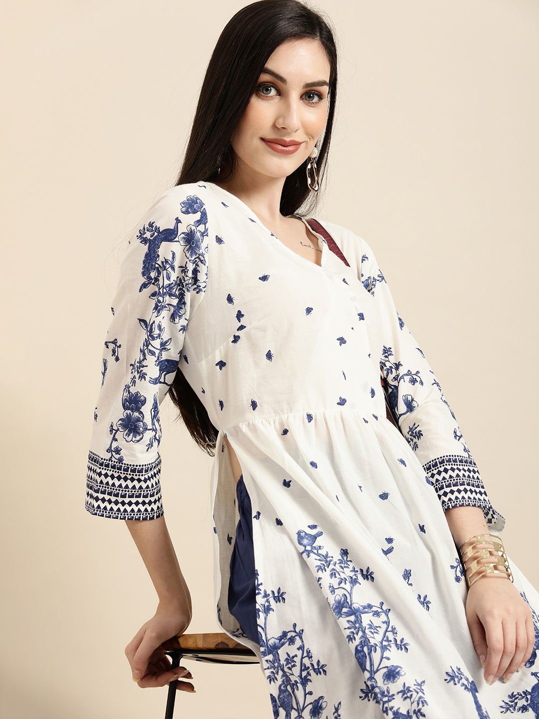 Anouk Women White Ethnic Motifs Printed Pleated Pure Cotton Kurta with Trousers Price in India