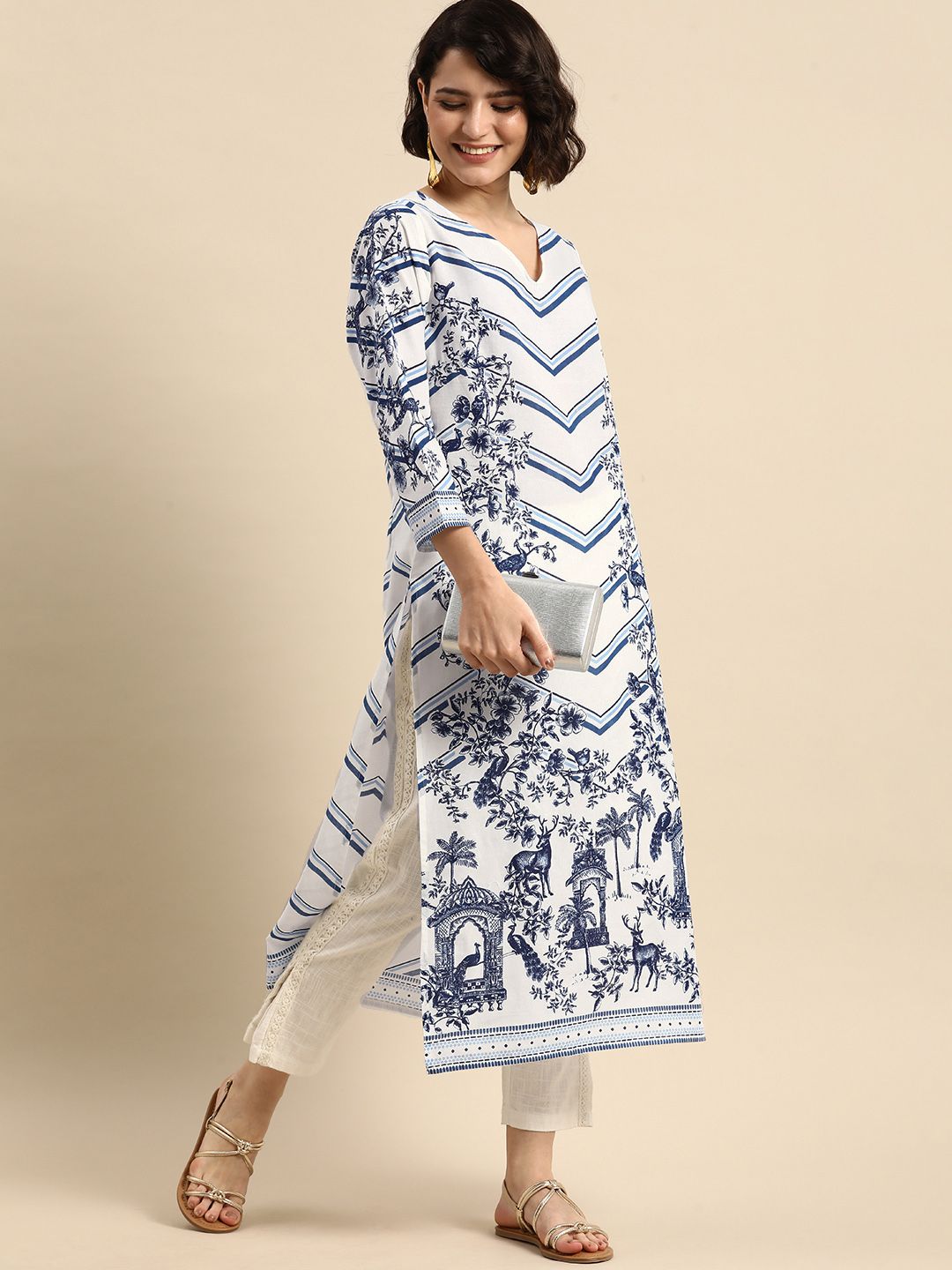 Anouk Women White & Blue Floral Printed Kurta Price in India