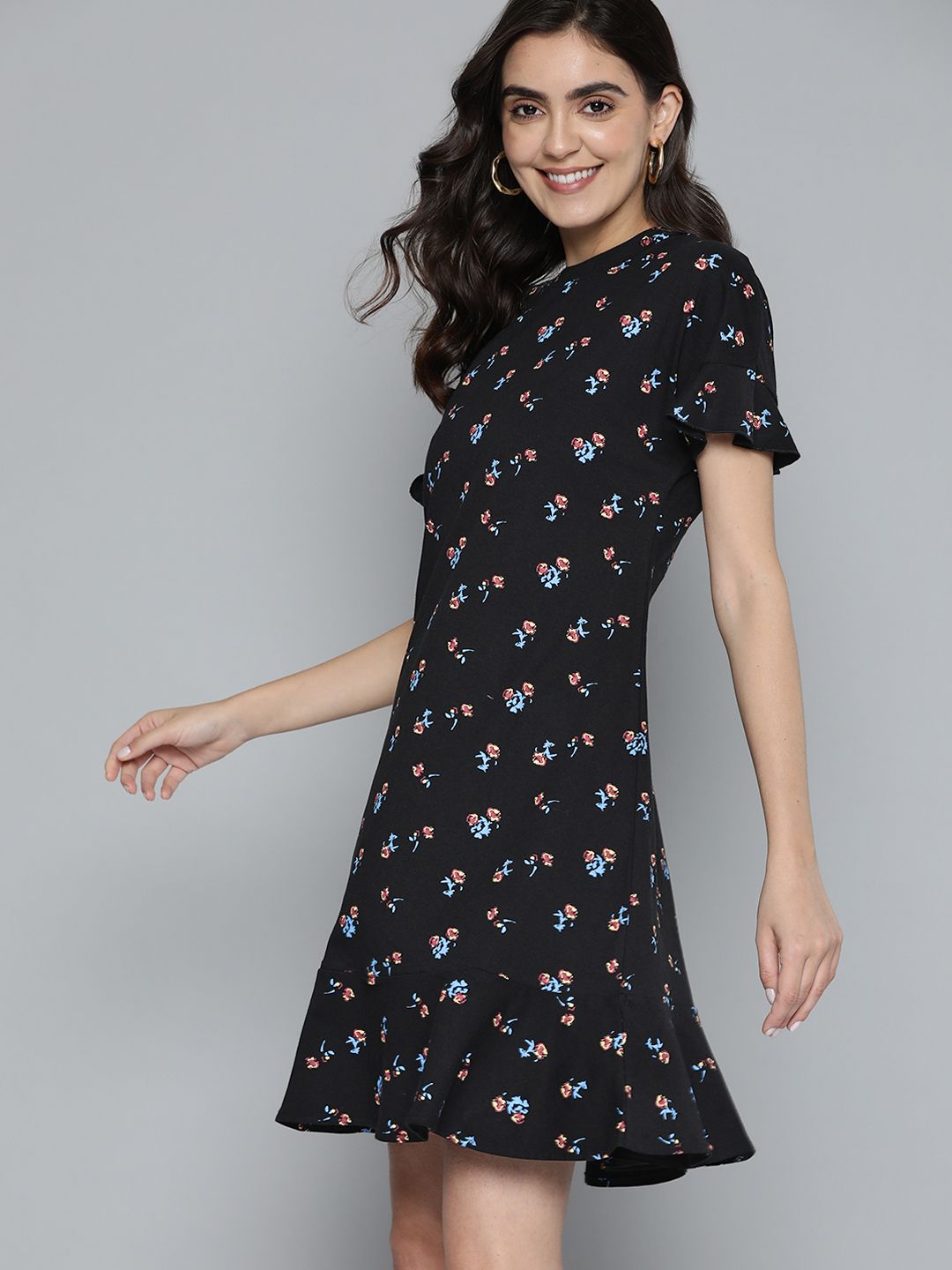 Mast & Harbour Women Black & Blue Floral A-Line Dress Price in India