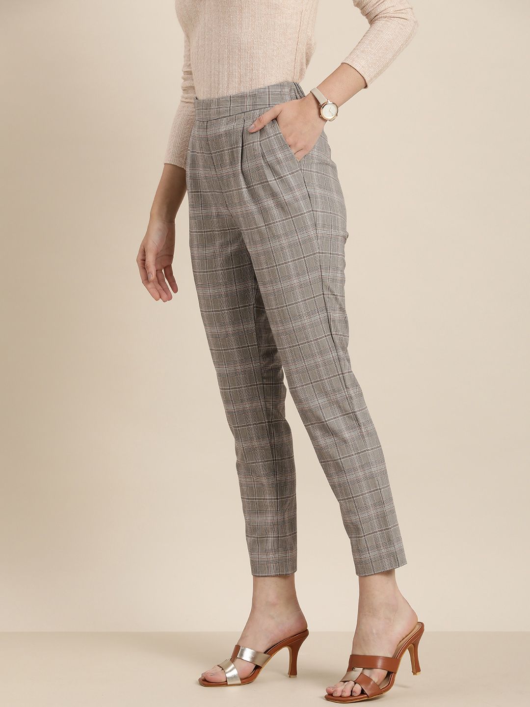 her by invictus Women Brown & Black Checked Trousers Price in India