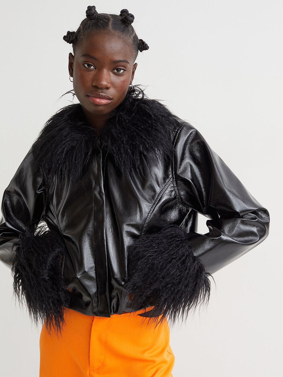 H&M Woman Black Faux-fur-trimmed jacket Price in India