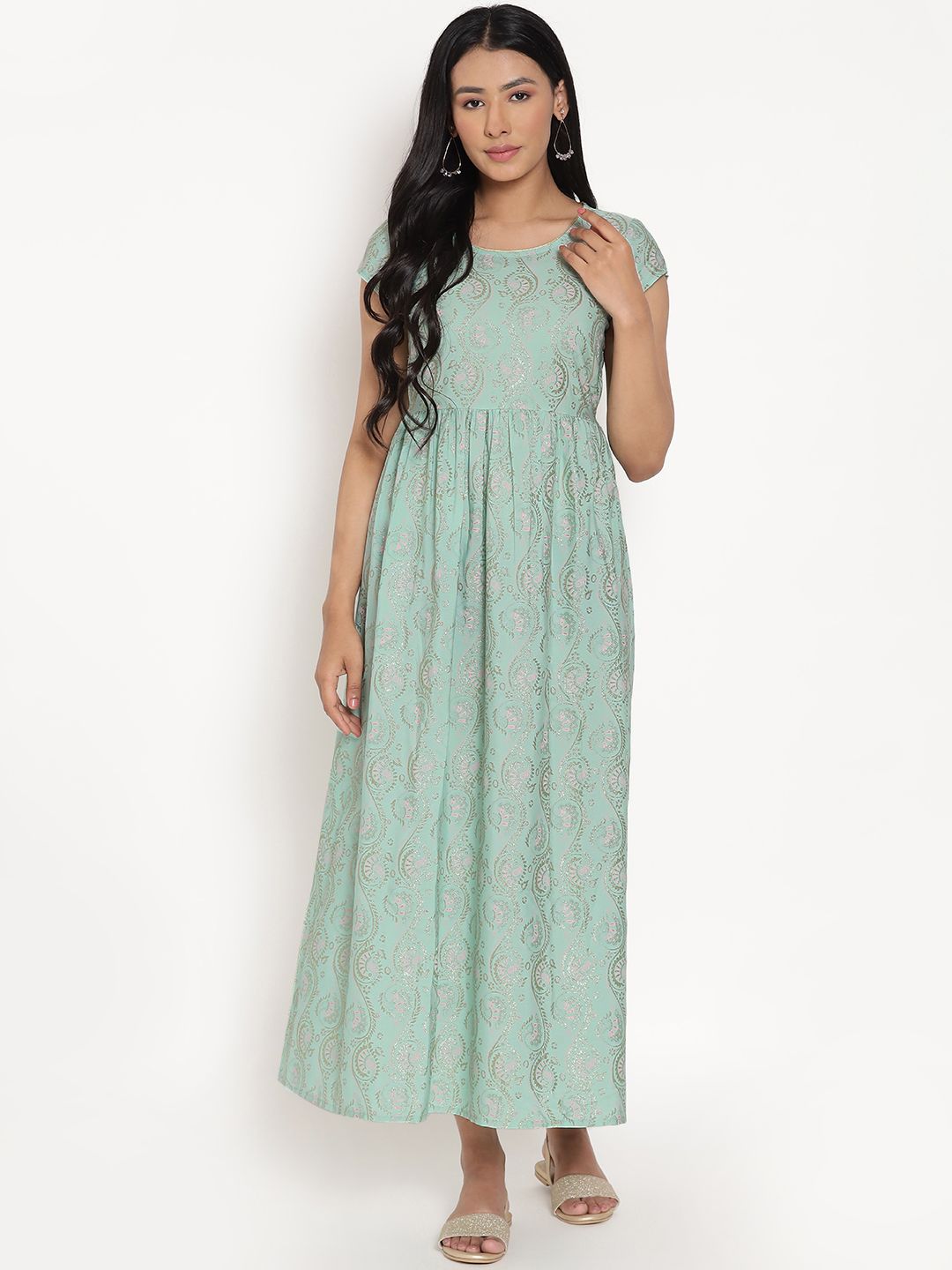 AURELIA Women Green Ethnic Motifs Ethnic Maxi Dress Price in India