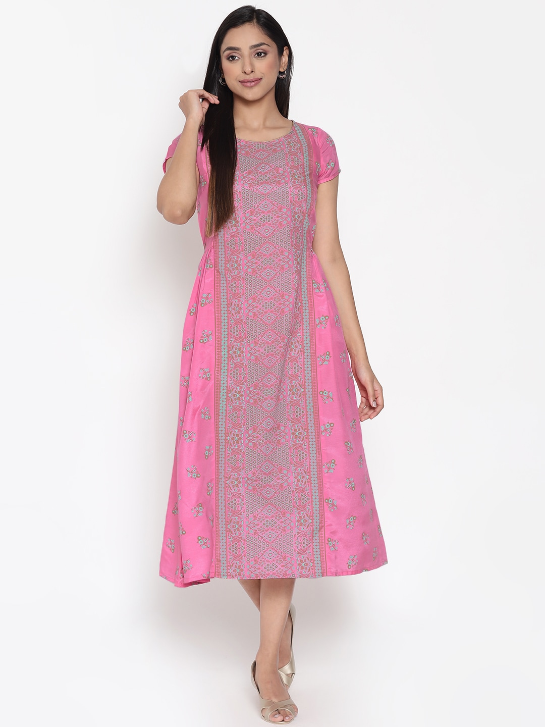 AURELIA Pink & Green Floral Ethnic A-Line Midi Dress Price in India