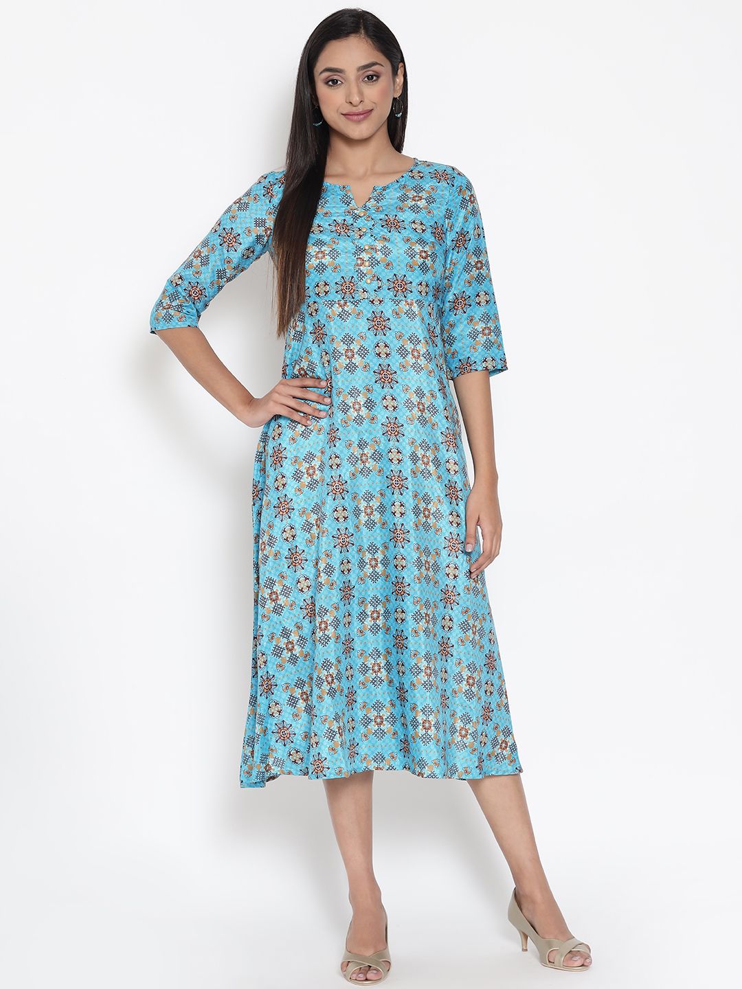 AURELIA Blue Ethnic Motifs Ethnic A-Line Midi Dress Price in India