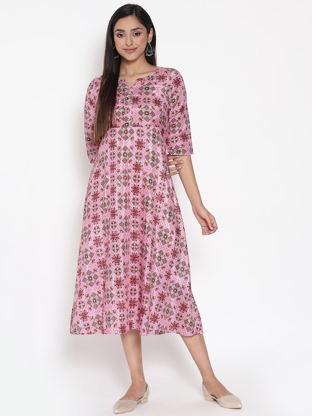 AURELIA Pink Floral Ethnic A-Line Midi Dress Price in India