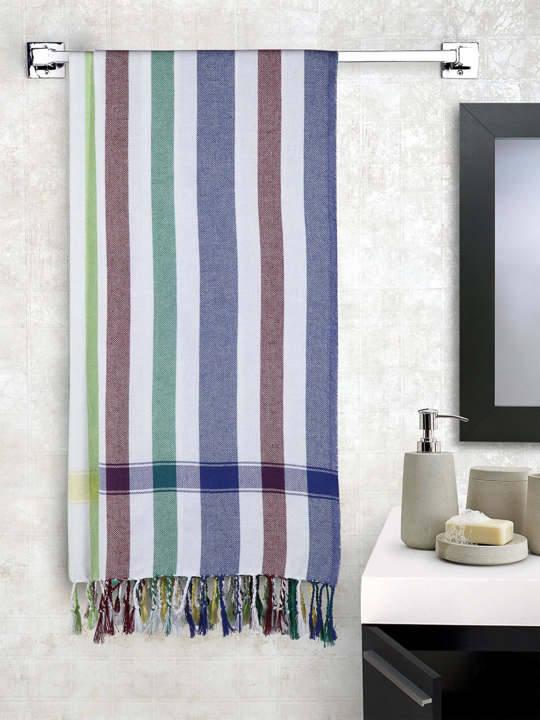 Arrabi Set Of 2 Blue & Yellow Striped 210 GSM Bath Towels Price in India