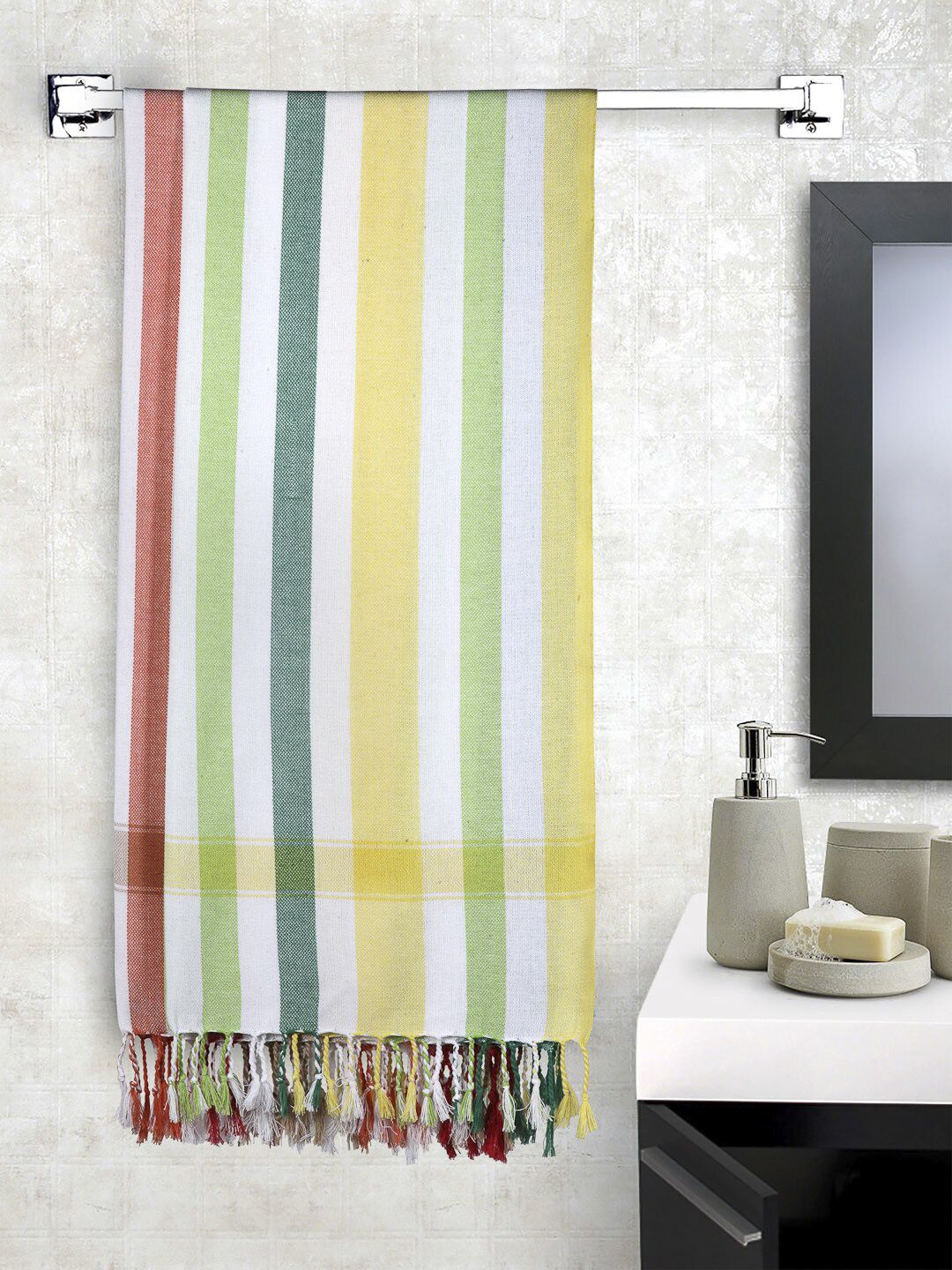 Arrabi Set Of 2 White & Yellow Striped 210 GSM Cotton Bath Towels Price in India