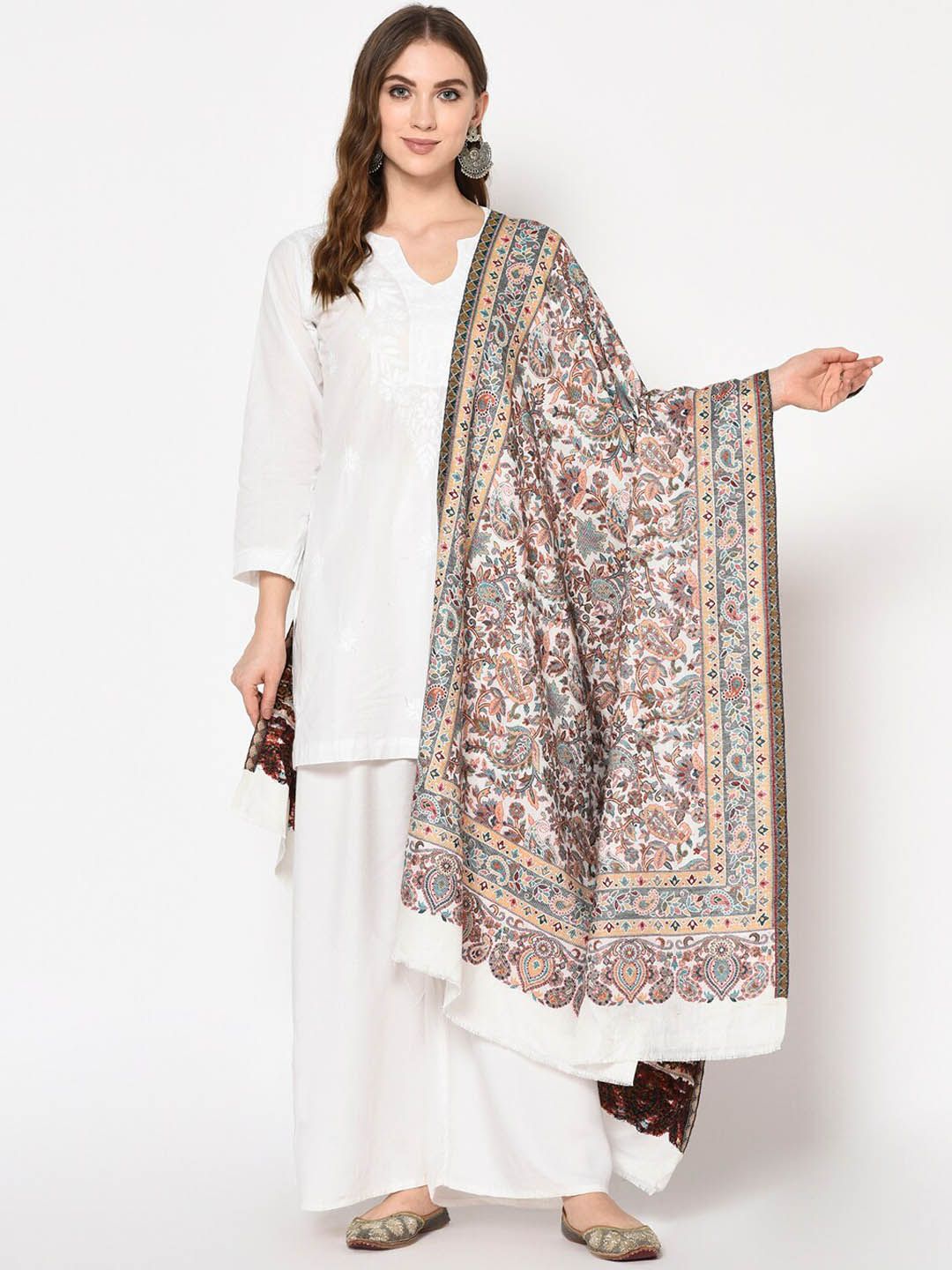 Safaa Women White & Beige Floral Woven Design Shawl Price in India