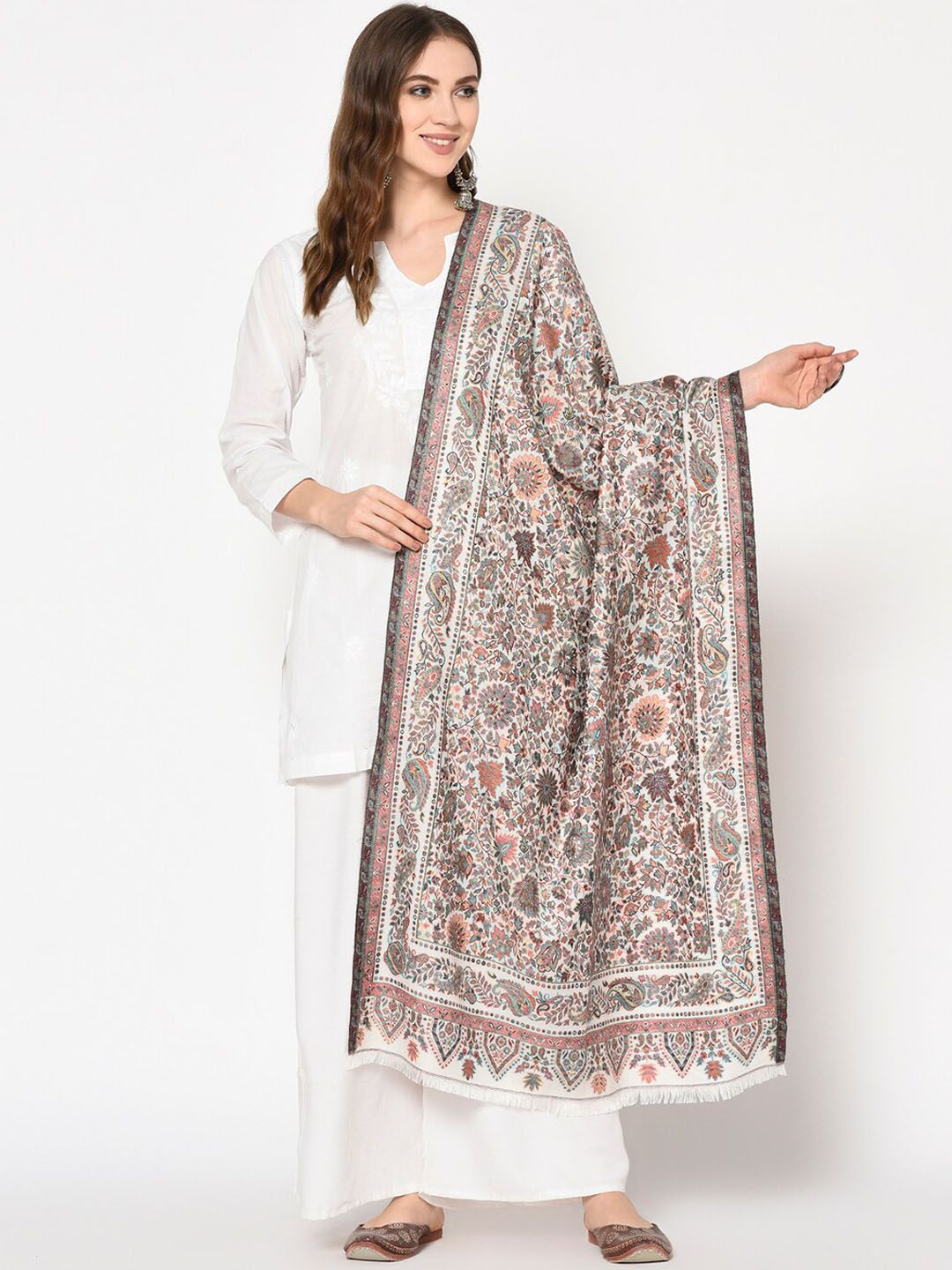 Safaa Women White Ethnic Motifs Printed Shawl Price in India