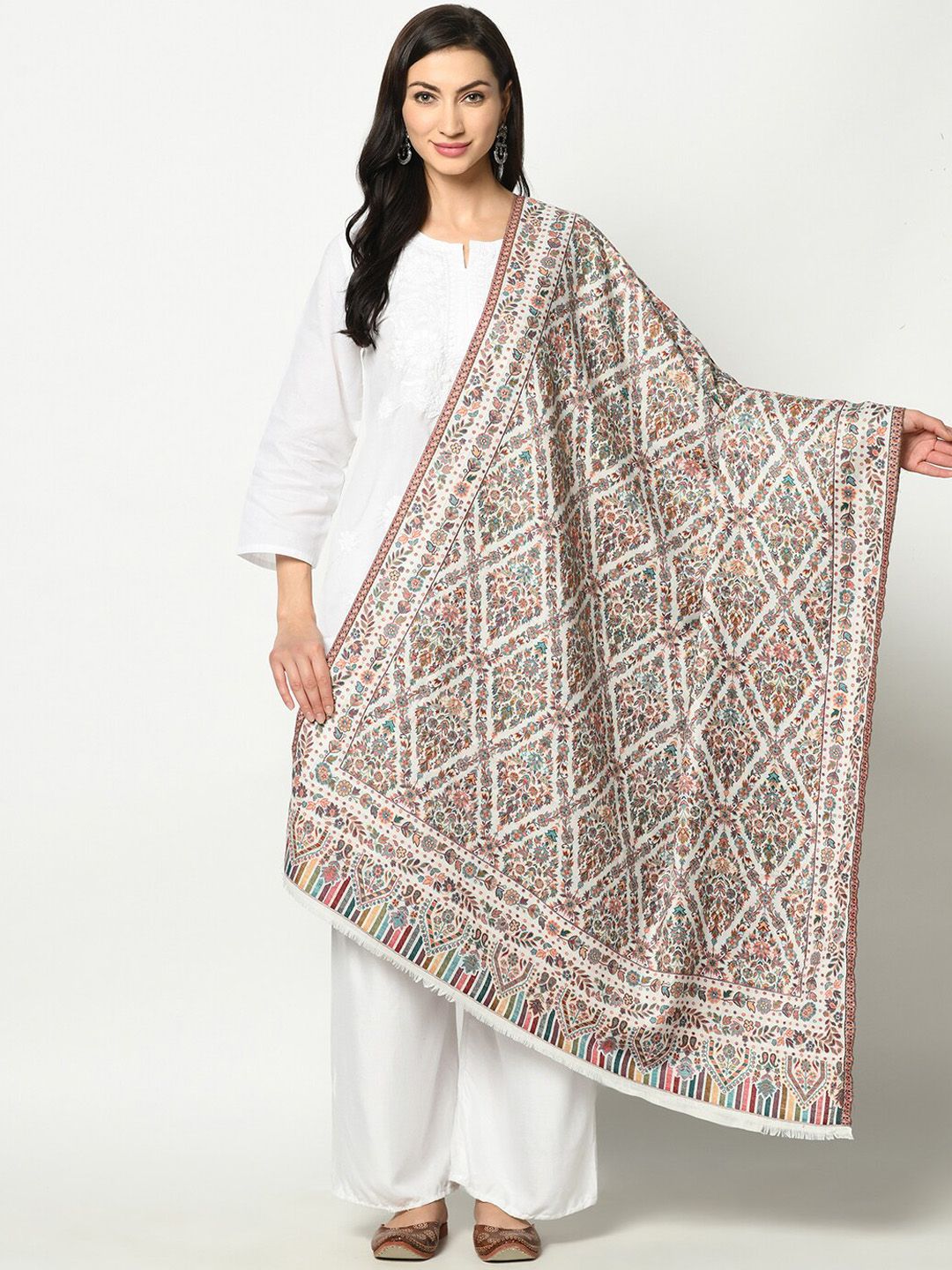 Safaa Women White Woven Design Poly Wool Shawl Price in India