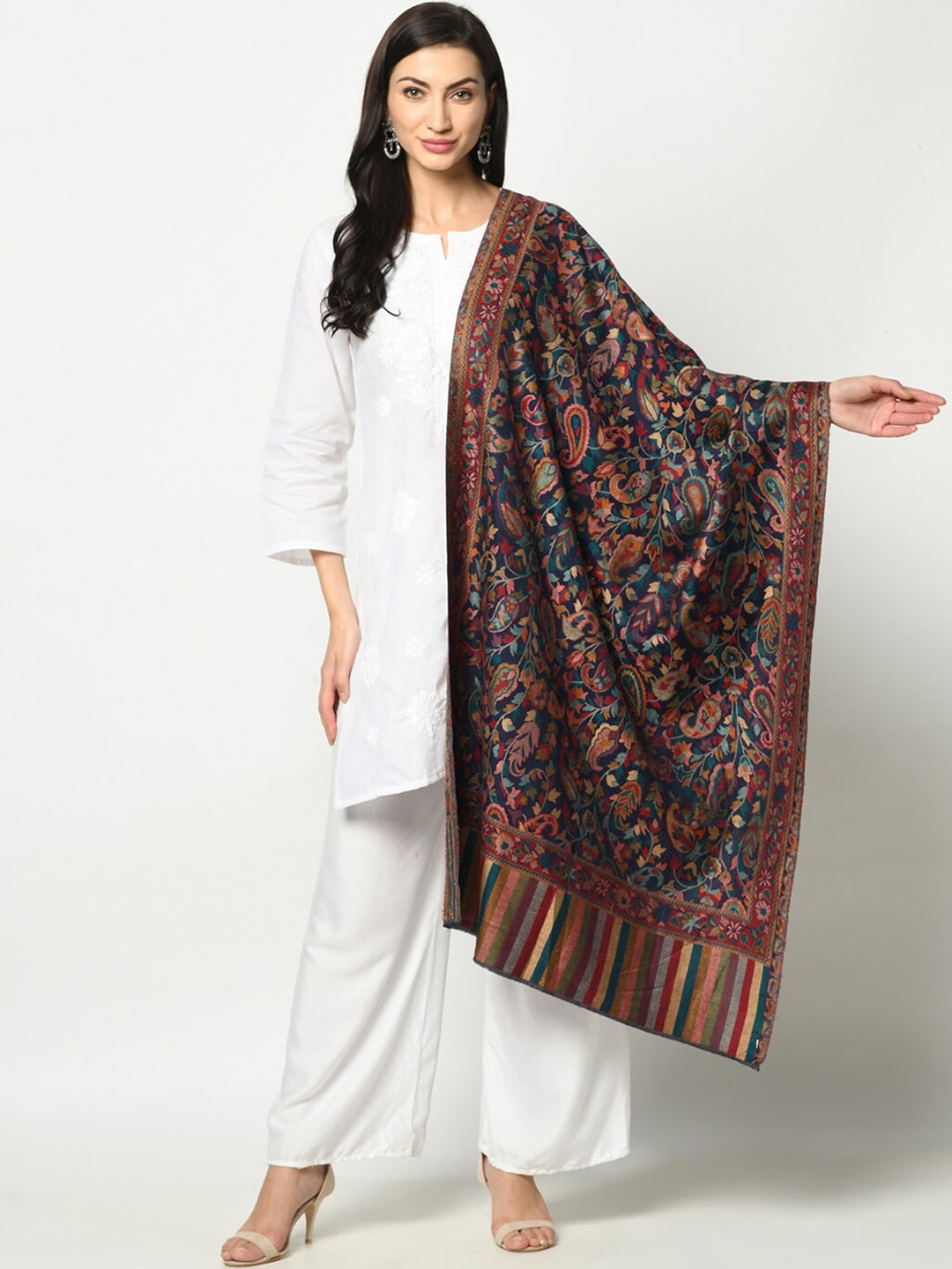 Safaa Women Brown & Navy Blue Printed Woollen Woven Design Shawl Price in India