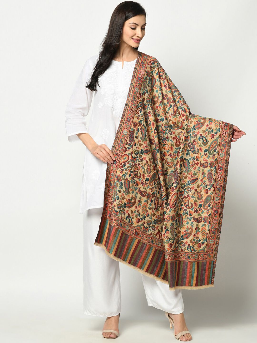 Safaa Women Beige Floral Woven Design Shawl Price in India
