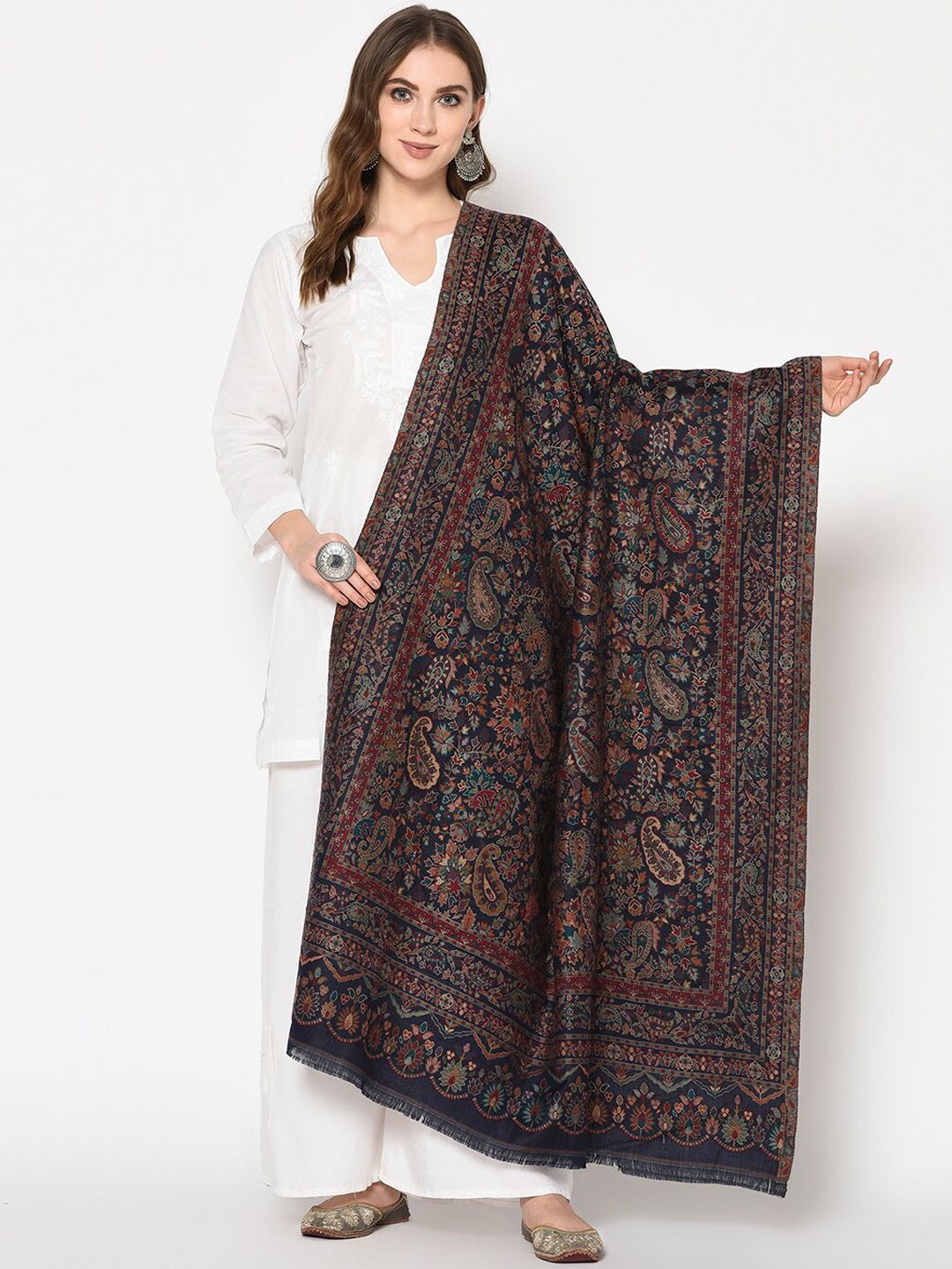 Safaa Women Navy Blue Floral Woven Design Shawl Price in India