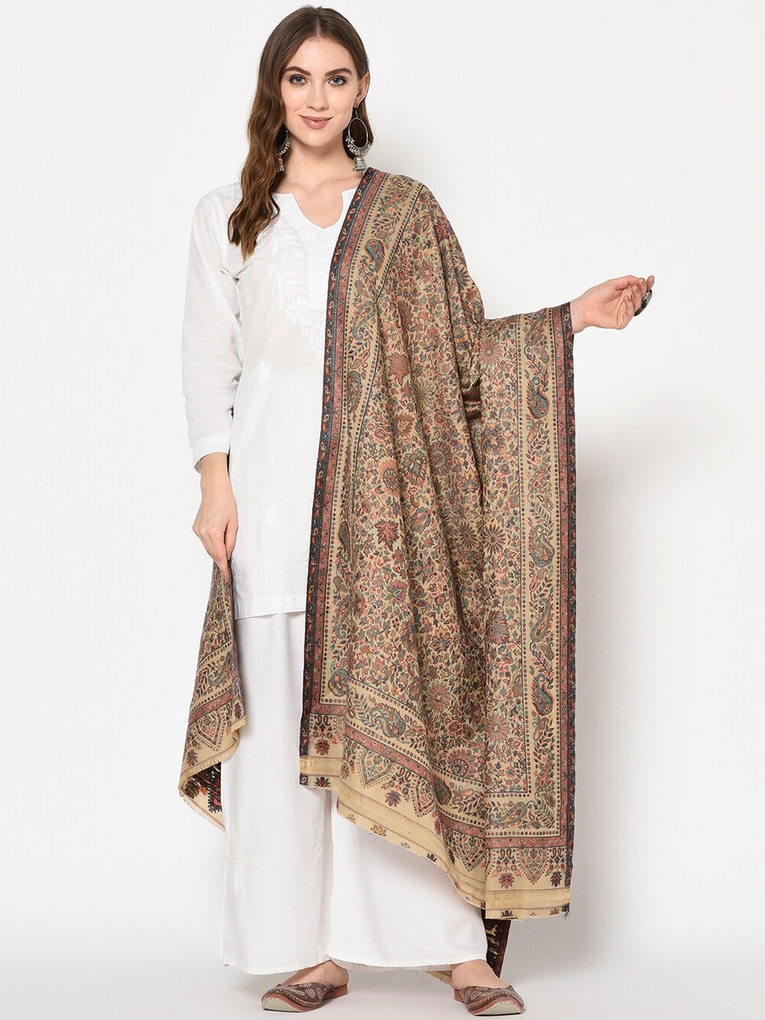 Safaa Women Beige Woven Design Poly Wool Shawl Price in India