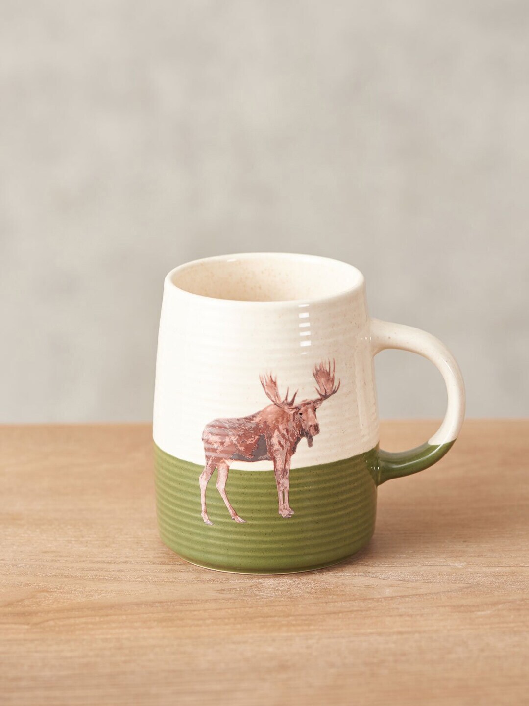THEDECORKART Cream & Olive Green Printed Stoneware Glossy Mug Price in India