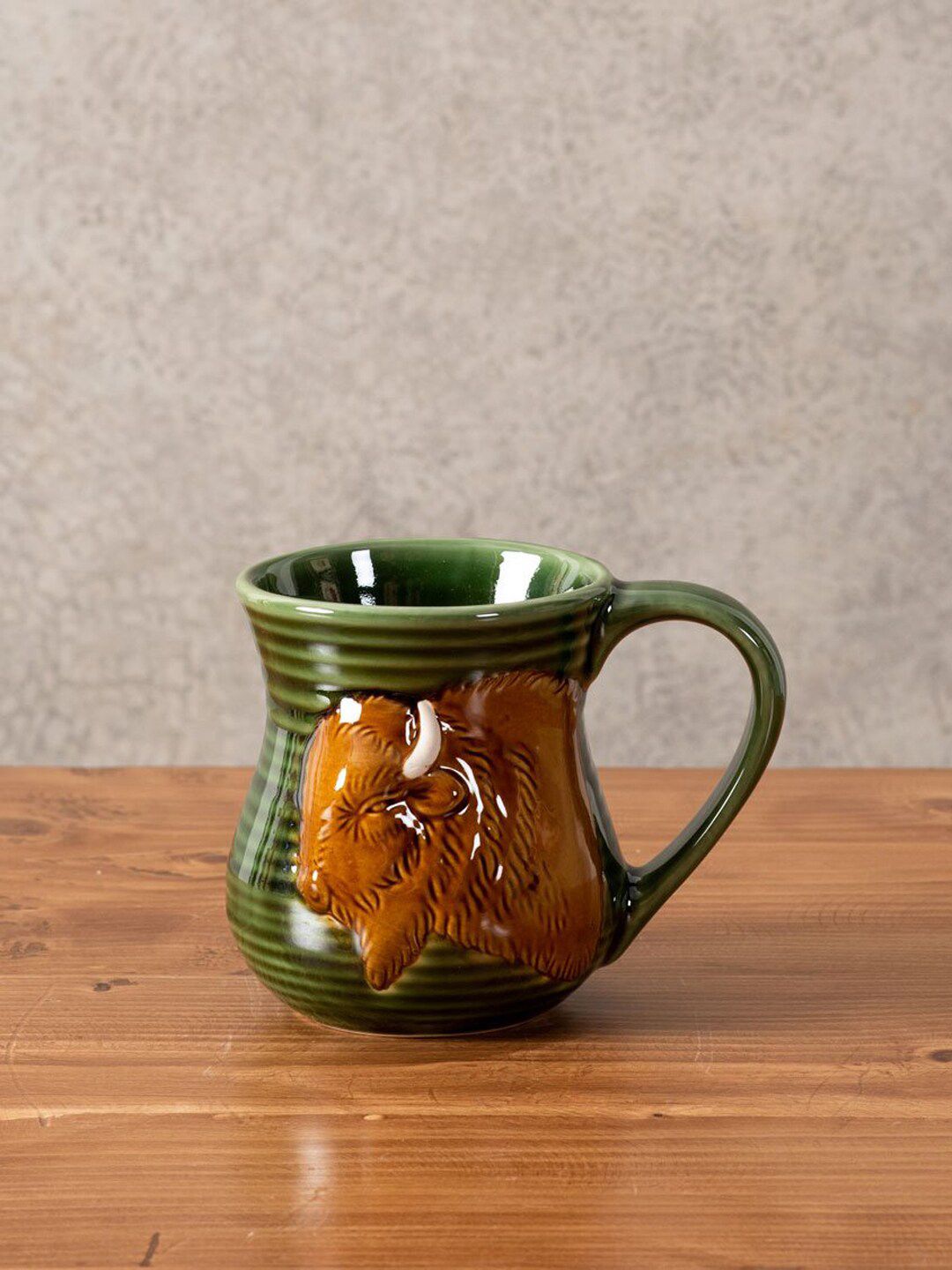 THEDECORKART Green & Brown Textured Stoneware Glossy Mug Price in India