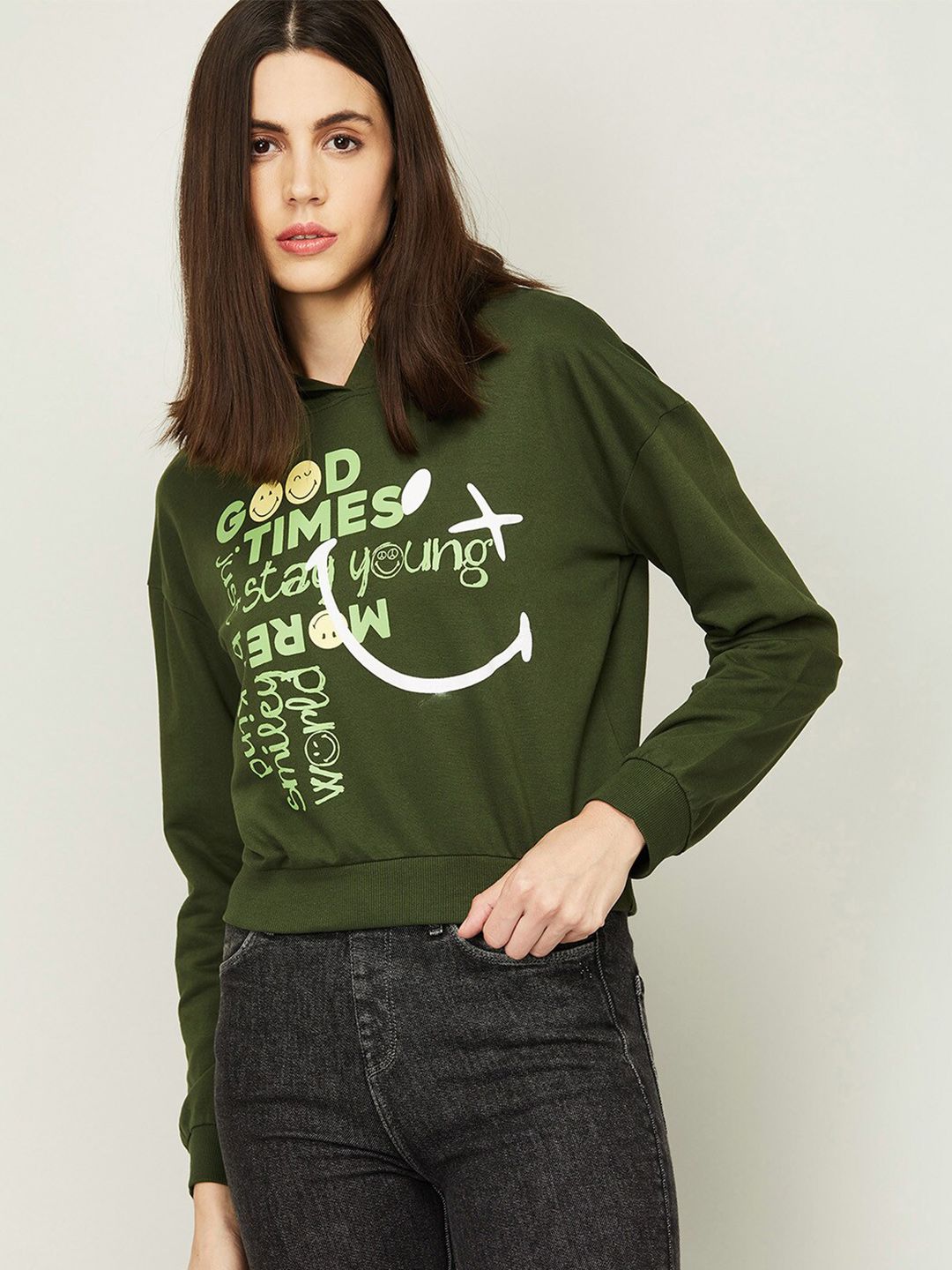 SmileyWorld Women Olive Green Printed Cotton Sweatshirt Price in India