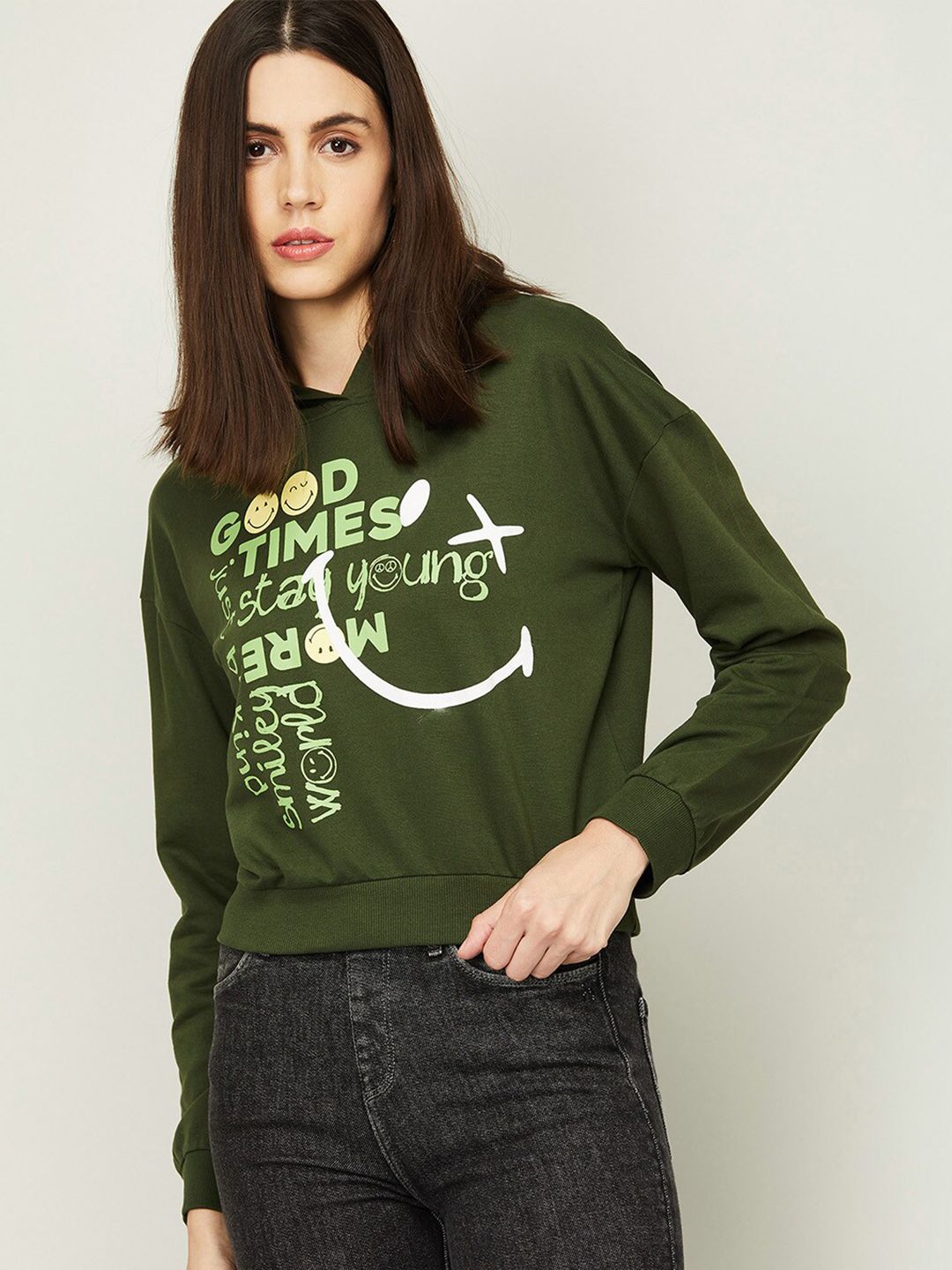 SmileyWorld Women Olive Green Printed Sweatshirt Price in India