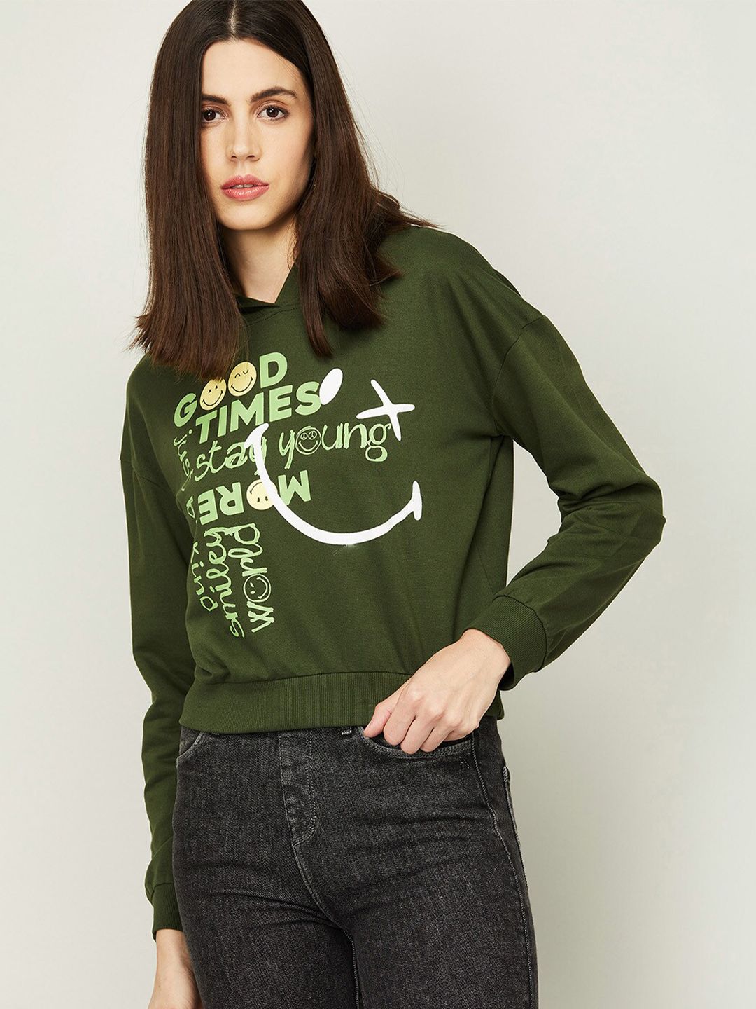 SmileyWorld Women Olive Green Printed Sweatshirt Price in India