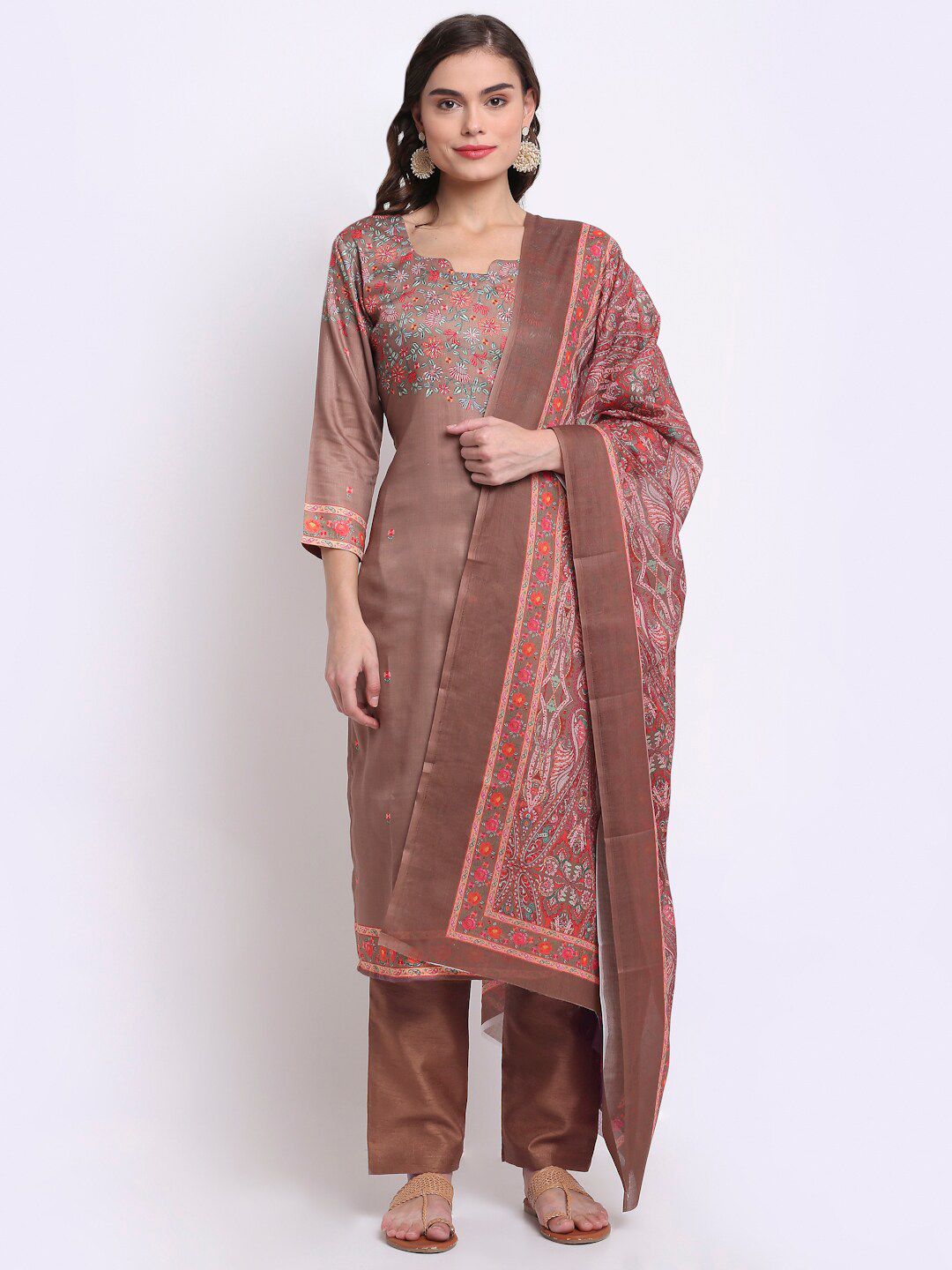 Stylee LIFESTYLE Brown & Red Printed Unstitched Dress Material Price in India