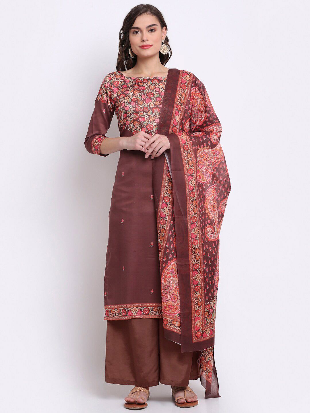 Stylee LIFESTYLE Brown & Red Printed Unstitched Dress Material Price in India