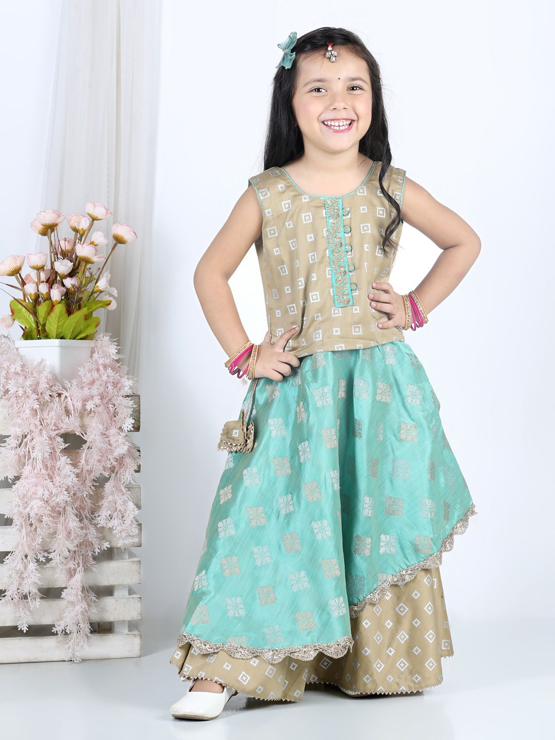 Kinder Kids Girls Green & Sea Green Printed Layered Ready to Wear Lehenga & Top