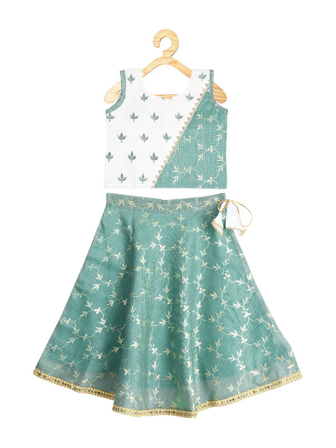 Kinder Kids Girls Green & White Printed Ready to Wear Lehenga & Blouse