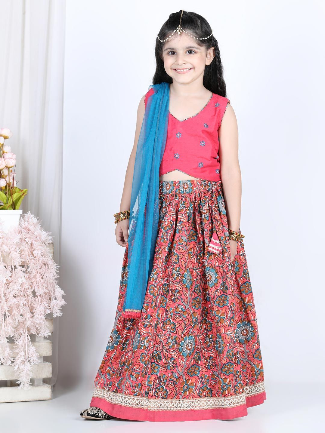 Kinder Kids Girls Pink & Maroon Ready to Wear Lehenga & Blouse With Dupatta