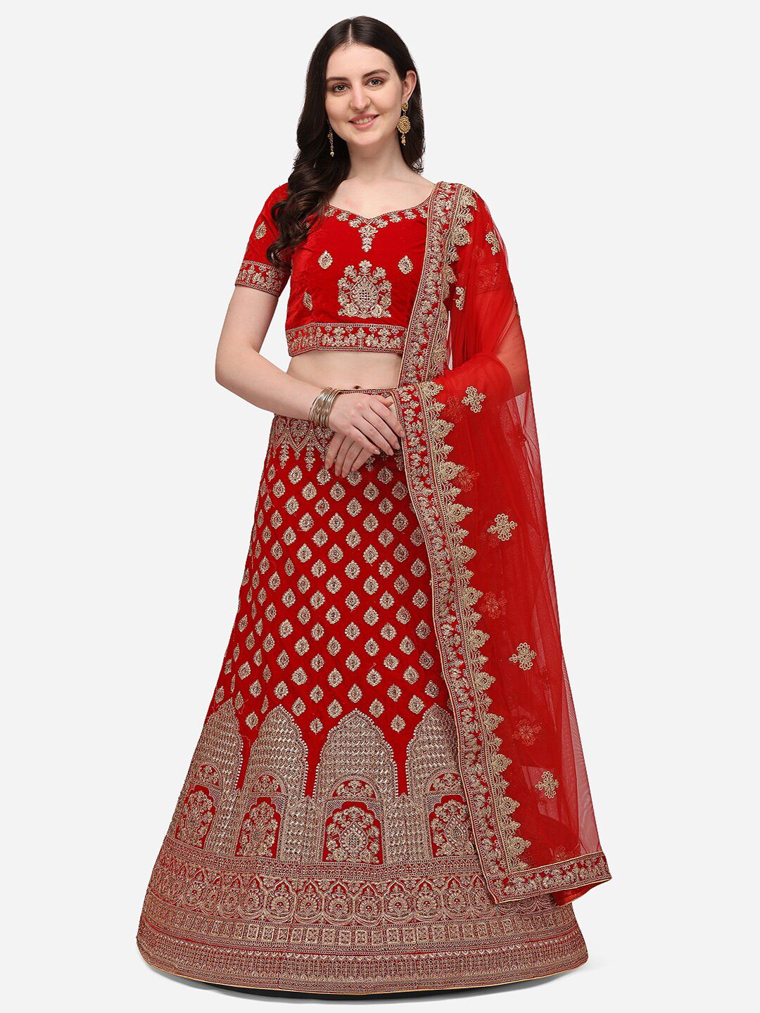 VRSALES Red & Gold-Toned Velvet Semi-Stitched Lehenga & Unstitched Blouse With Net Dupatta Price in India