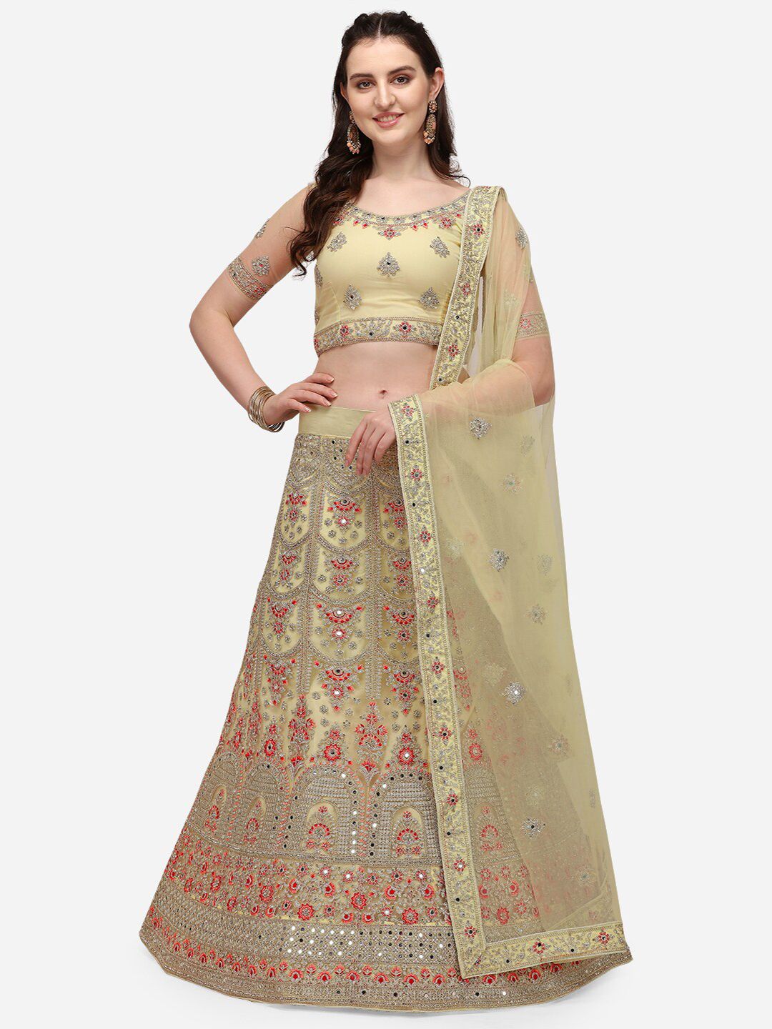 VRSALES Cream-Coloured Embroidered Semi-Stitched Lehenga & Unstitched Choli with Dupatta Price in India