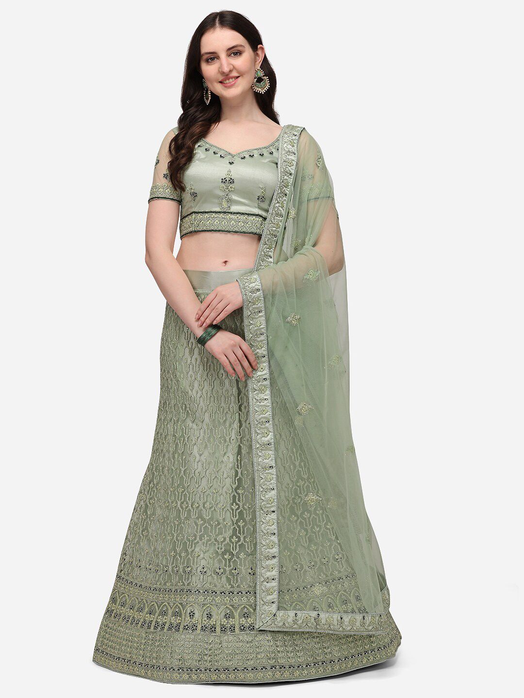 VRSALES Lime Green & Silver-Toned Embroidered Semi-Stitched Lehenga & Unstitched Blouse With Dupatta Price in India