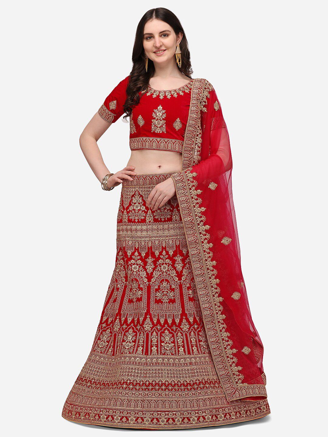 VRSALES Red & Gold-Toned Embroidered Semi-Stitched Lehenga & Unstitched Blouse With Dupatta Price in India