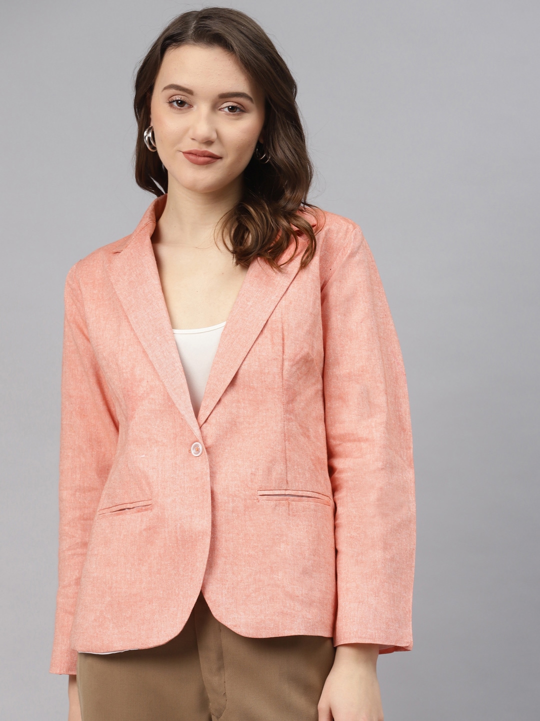Cottinfab Women Peach-Coloured Cotton Solid Single-Breasted Casual Blazer Price in India