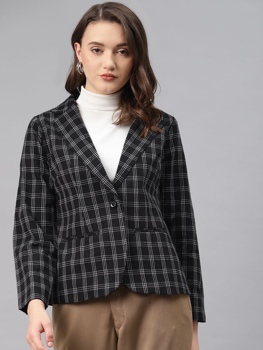 Cottinfab Women Black & White Checked Regular Fit Single Breasted Blazer Price in India