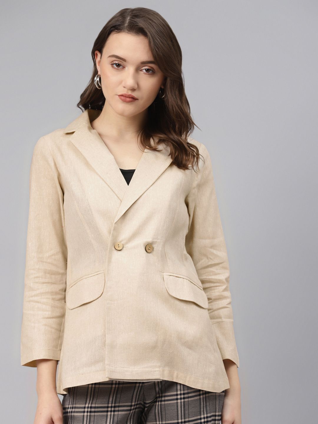 Cottinfab Women Cream-Coloured Cotton Solid Double-Breasted Casual Blazer Price in India