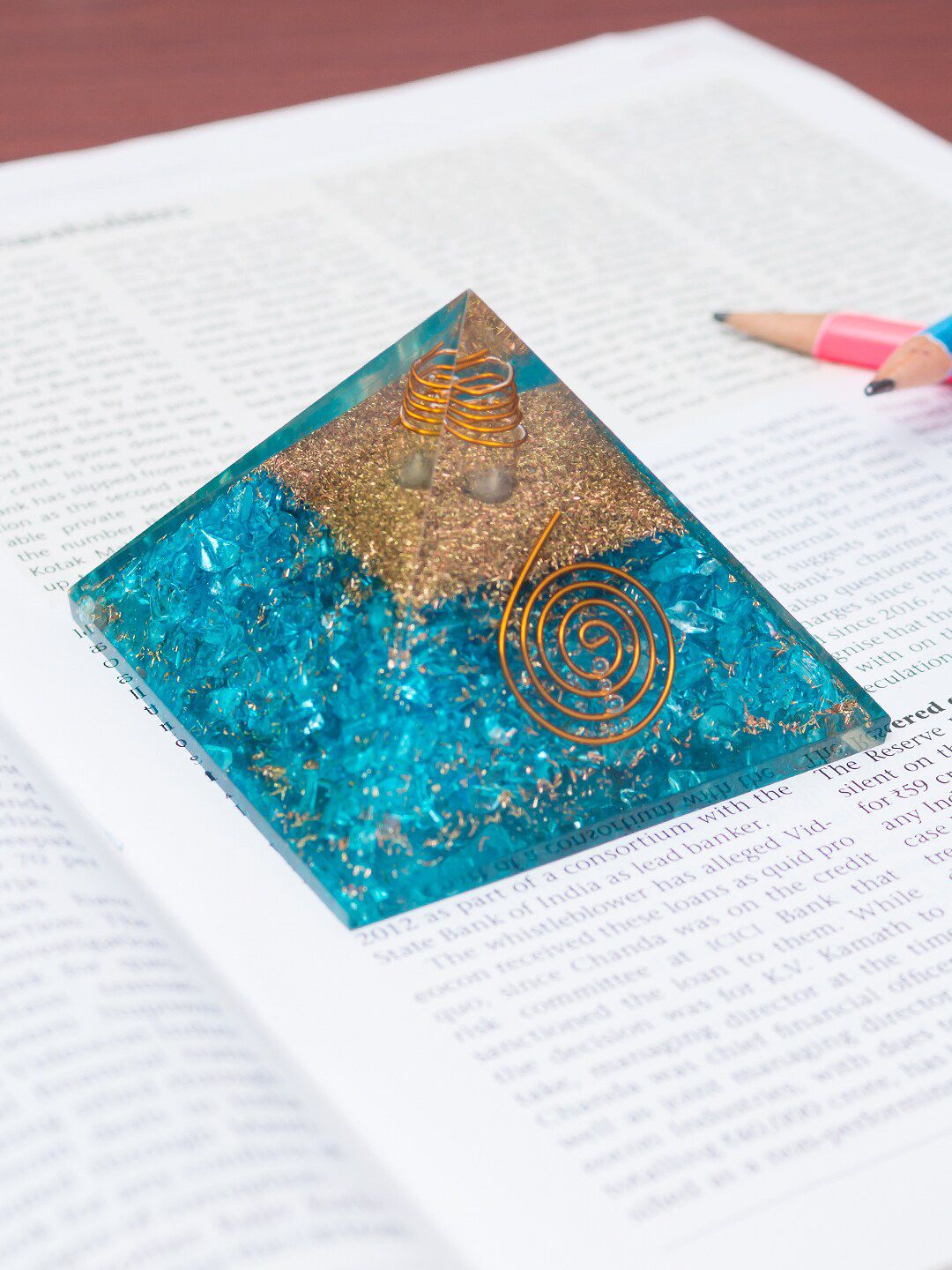 Golden Peacock Blue & Gold-Toned Crystal Onyx Orgone Pyramid Prism Price in India
