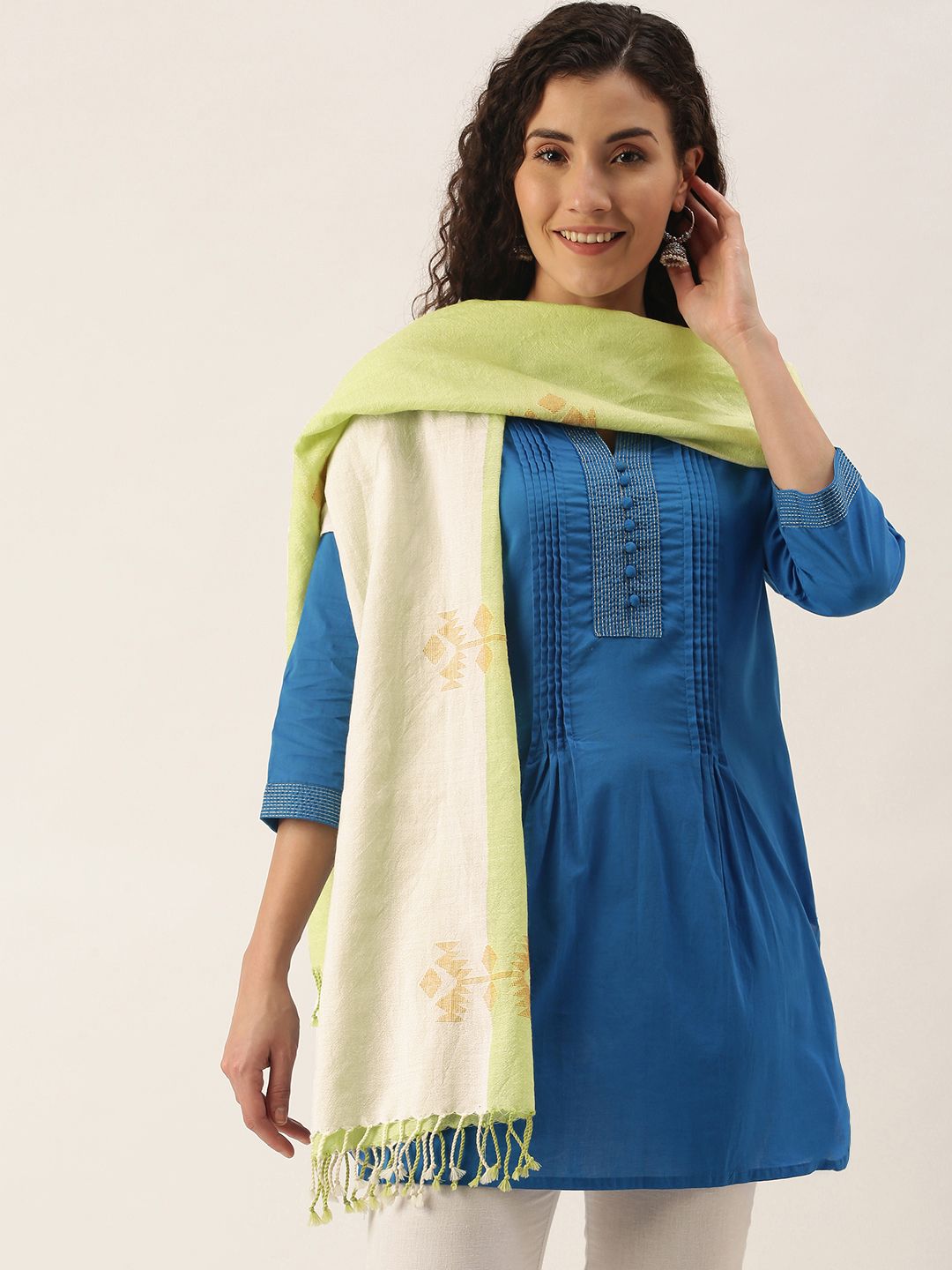 Women's Off White & Green Handloom Merino Wool Jamdani Stole Price in India