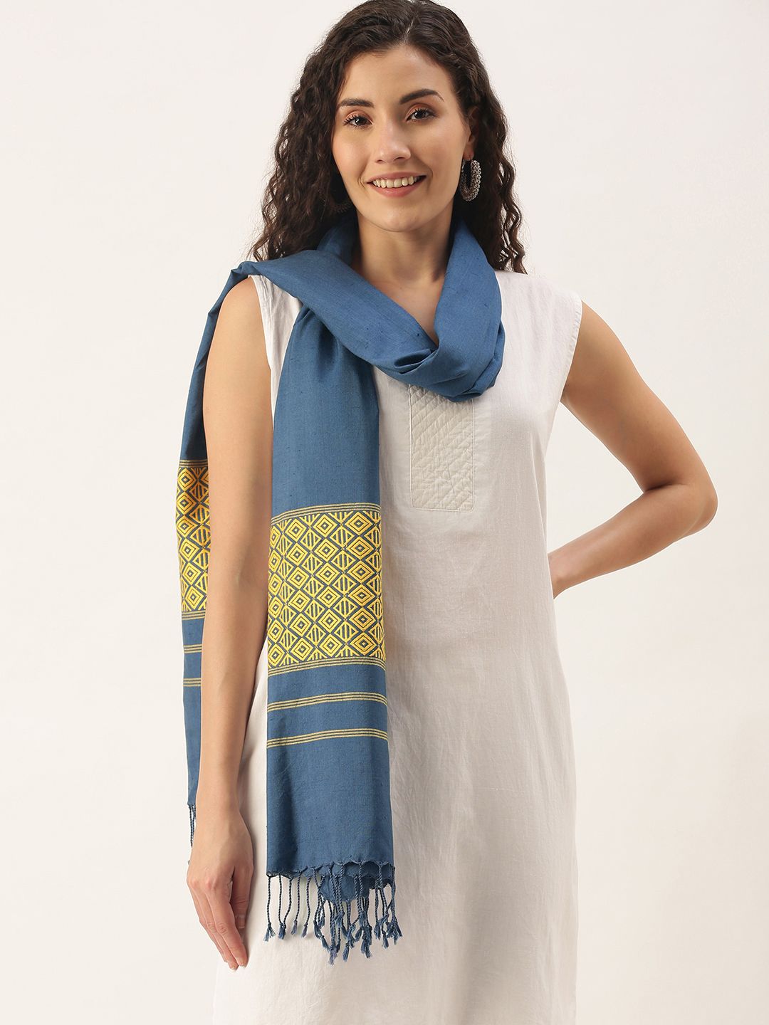 Women's Blue & Yellow Handloom Pure Eri Stole Price in India