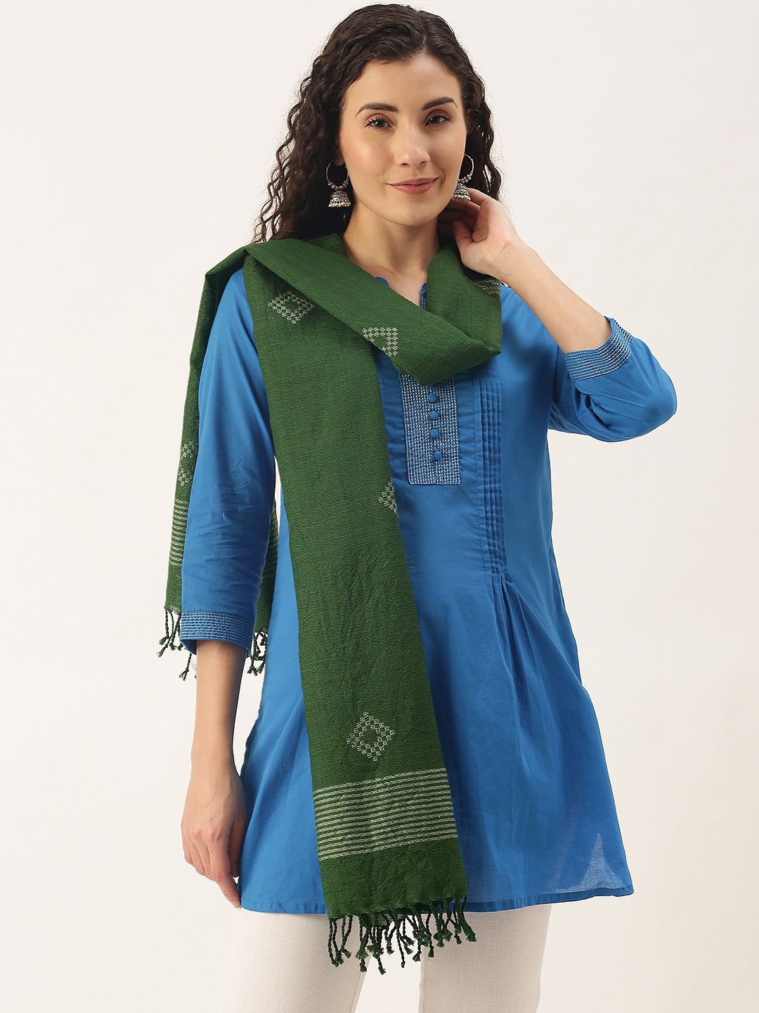 Women's Green Merino Wool Handloom Jamdani Stole Price in India